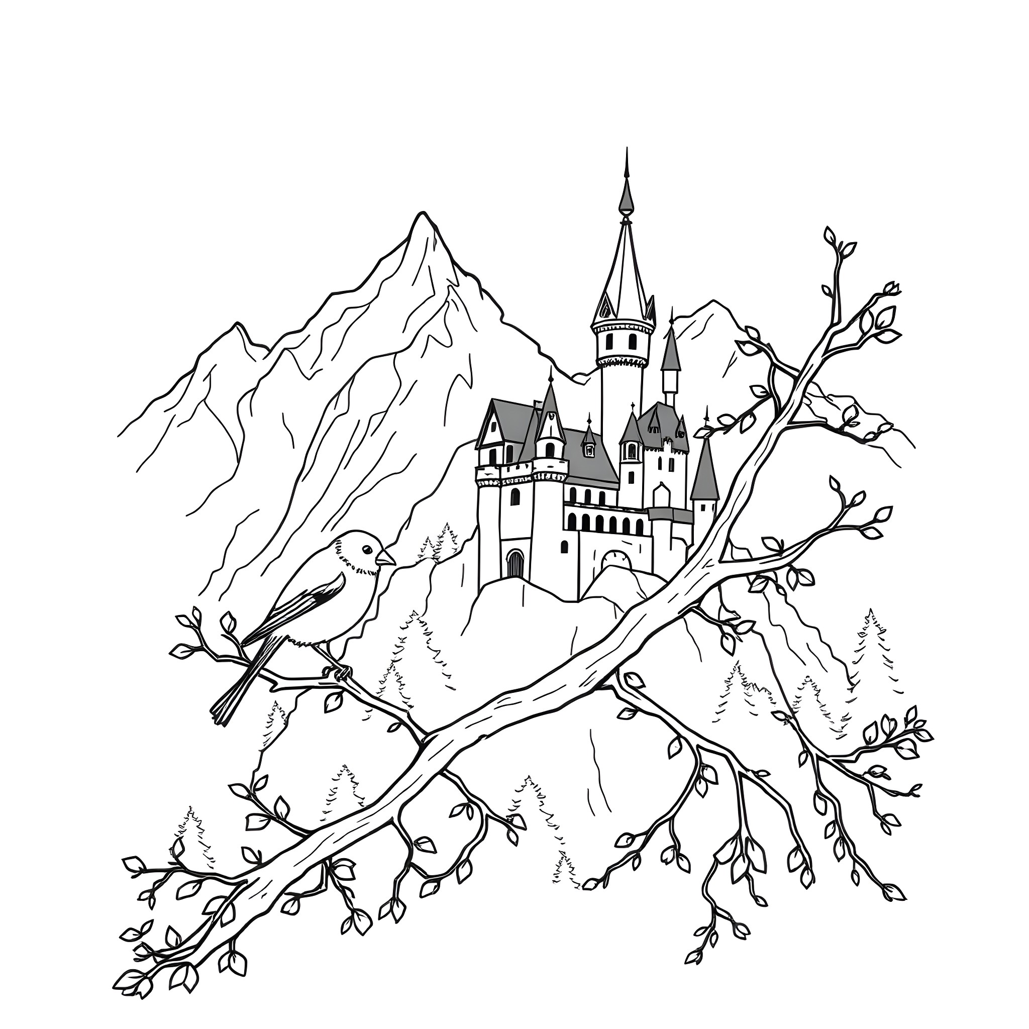 Bird perching on branch with castle in the mountains Coloring Page (free black-and-white line drawing printable PDF for all, from beginners to advanced learners, including children, teens, adults, and seniors)