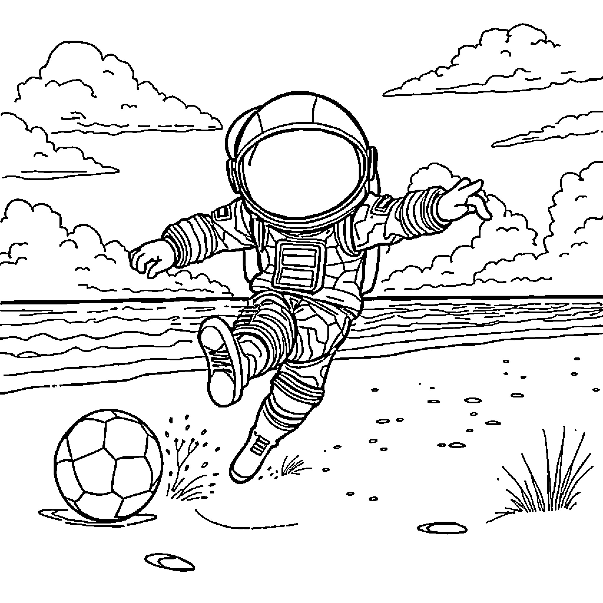 Among Us Character Playing Soccer in Outer Space Coloring Page (free black-and-white line drawing printable PDF for all, from beginners to advanced learners, including children, teens, adults, and seniors)