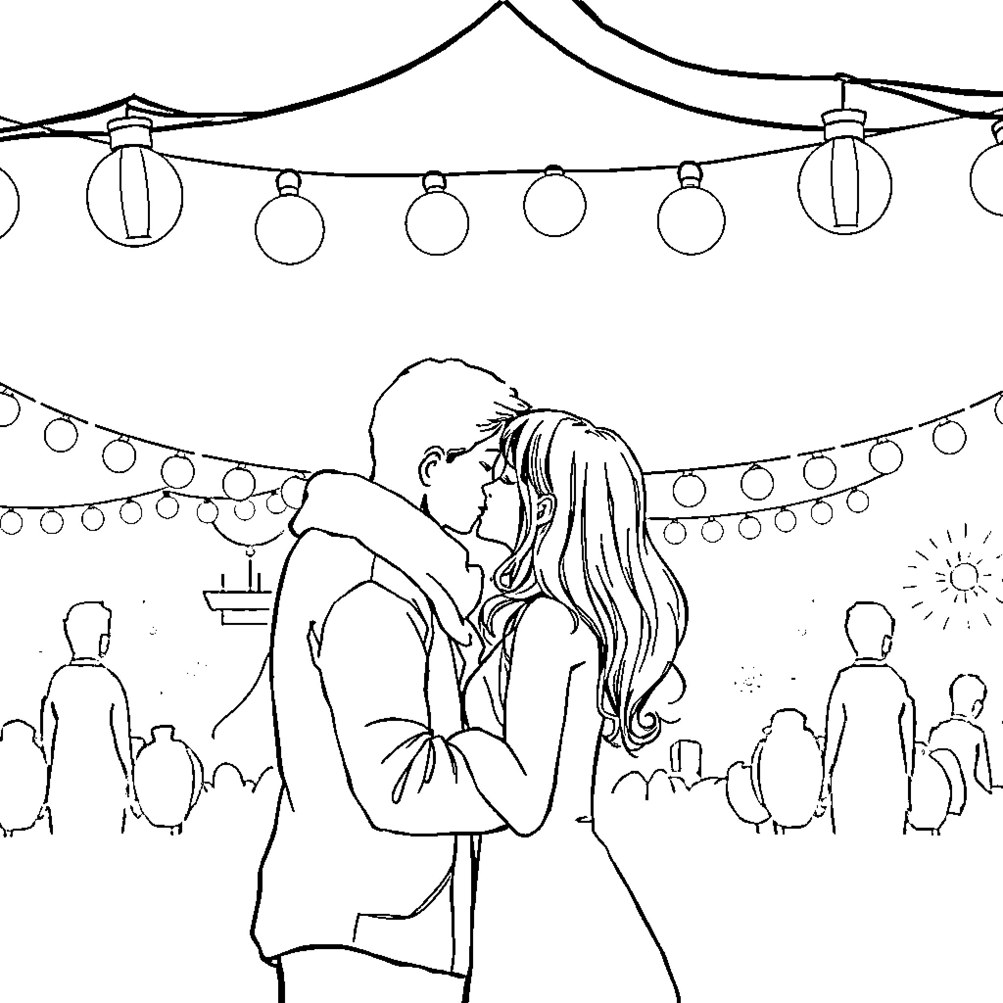 Love Under the Lantern Lights Coloring Page (free black-and-white line drawing printable PDF for all, from beginners to advanced learners, including children, teens, adults, and seniors)