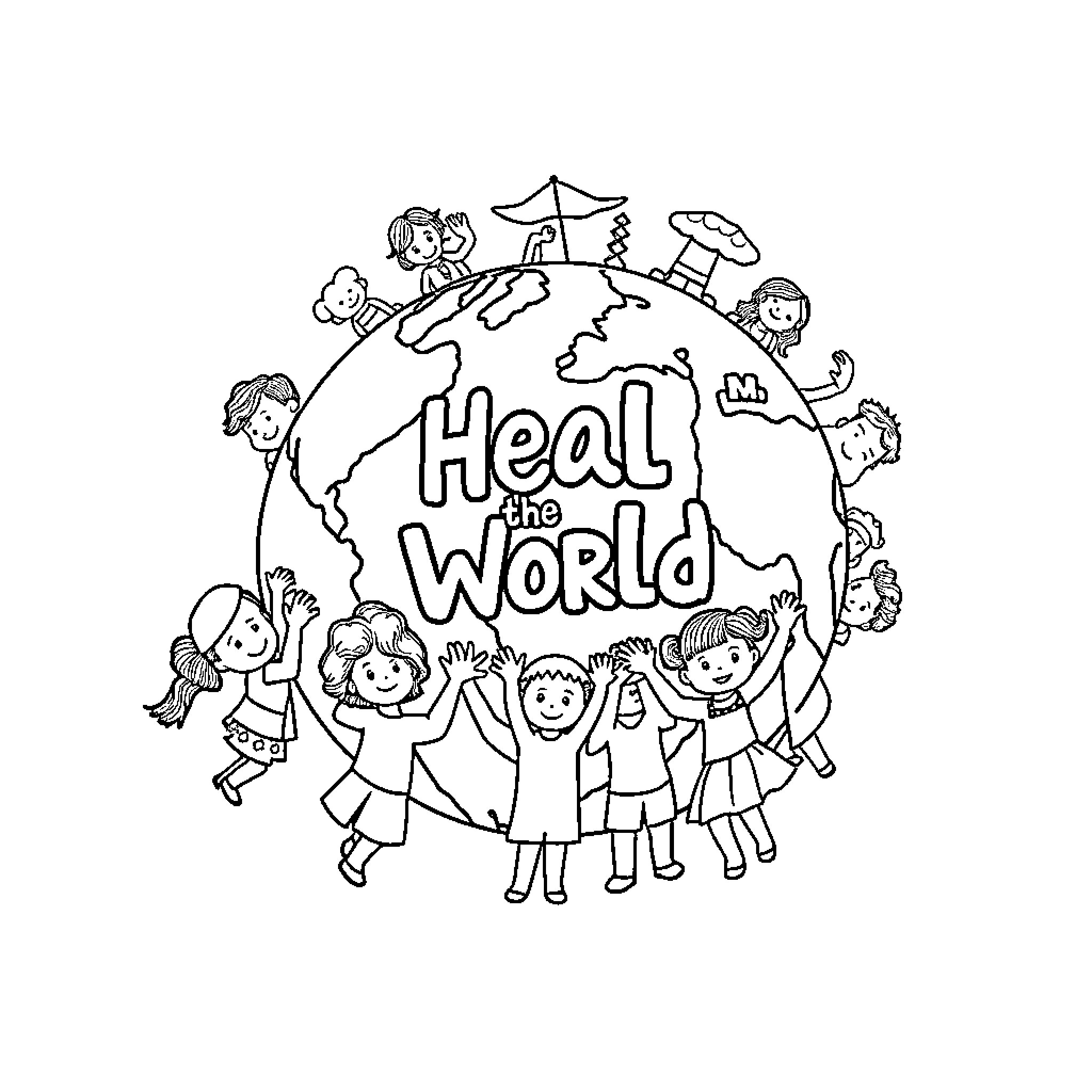Earth Heal the World with Children Coloring Page (free black-and-white line drawing printable PDF for all, from beginners to advanced learners, including children, teens, adults, and seniors)