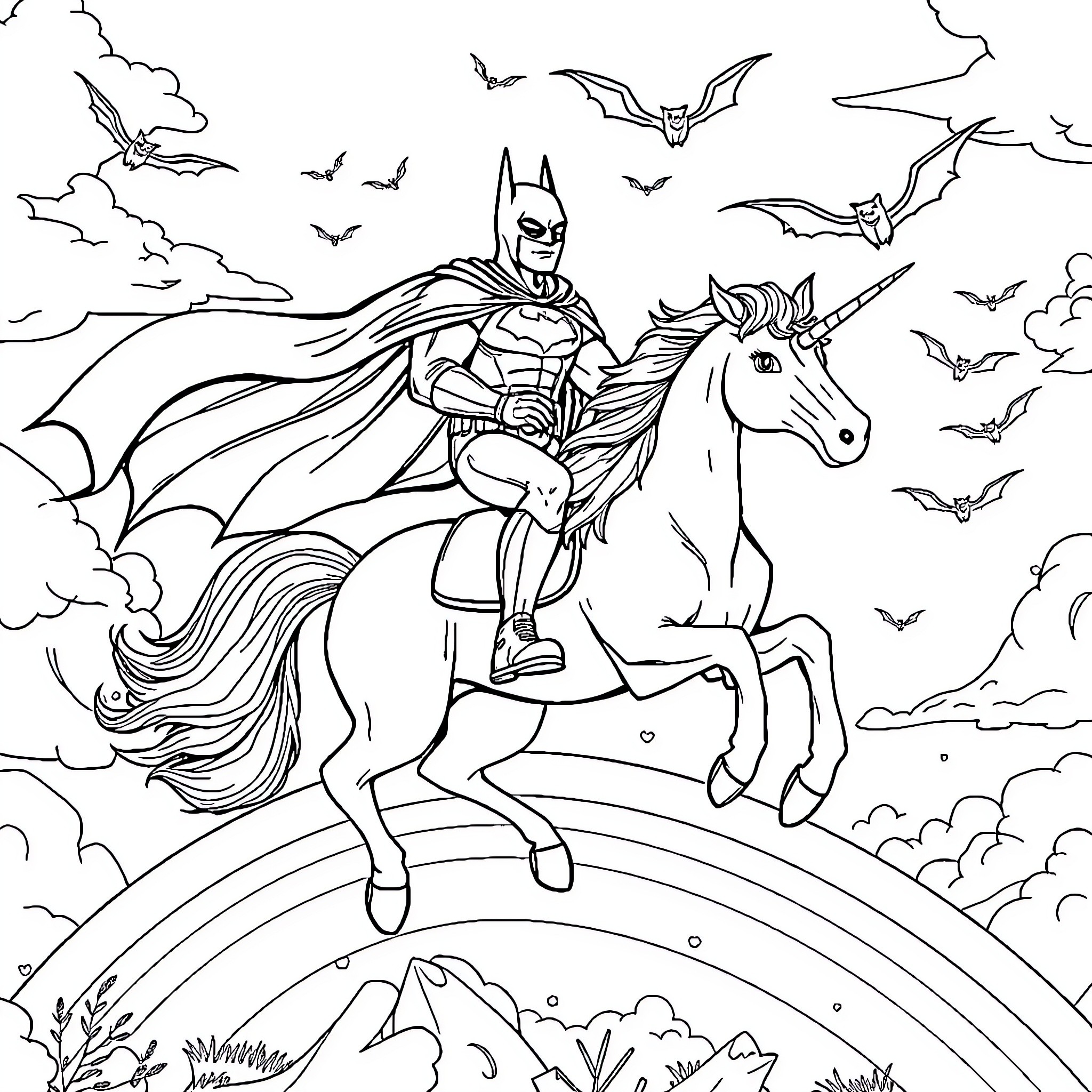Batman riding a unicorn through a stormy night sky Coloring Page (free black-and-white line drawing printable PDF for all, from beginners to advanced learners, including children, teens, adults, and seniors)