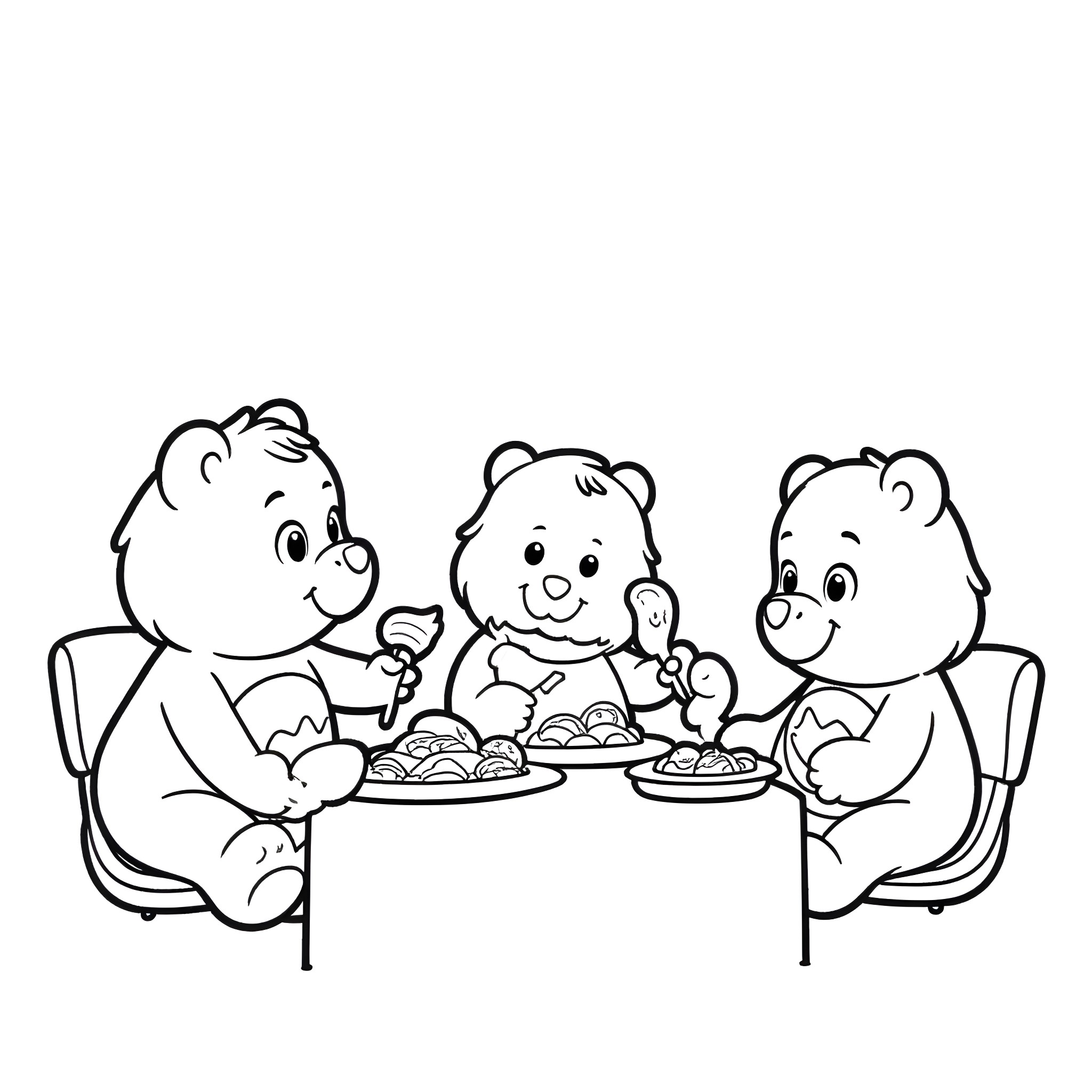 Care Bears Enjoying a Meal Together Coloring Page (free black-and-white line drawing printable PDF for all, from beginners to advanced learners, including children, teens, adults, and seniors)