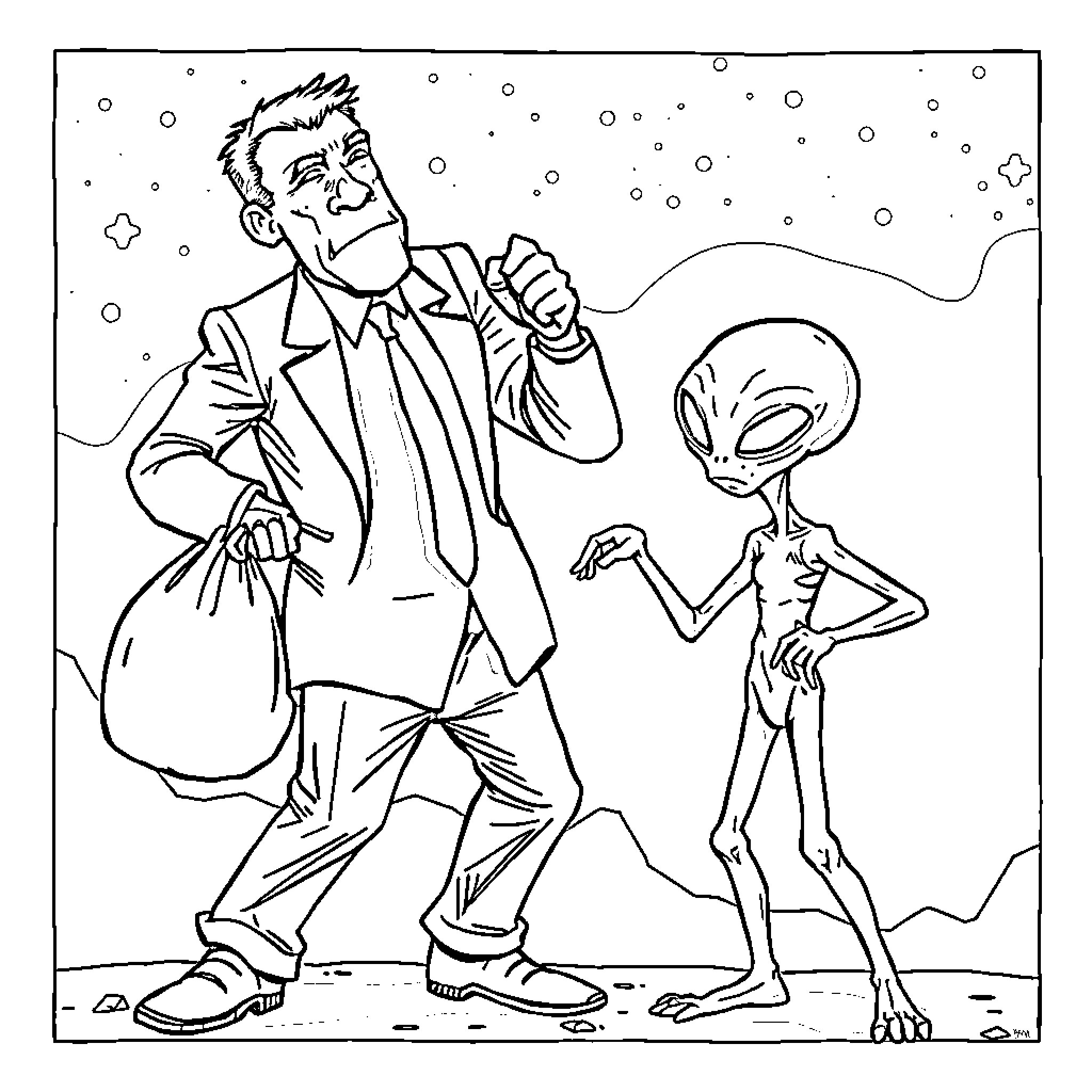 Alien scientist interacts with human in snowy landscape Coloring Page (free black-and-white line drawing printable PDF for all, from beginners to advanced learners, including children, teens, adults, and seniors)