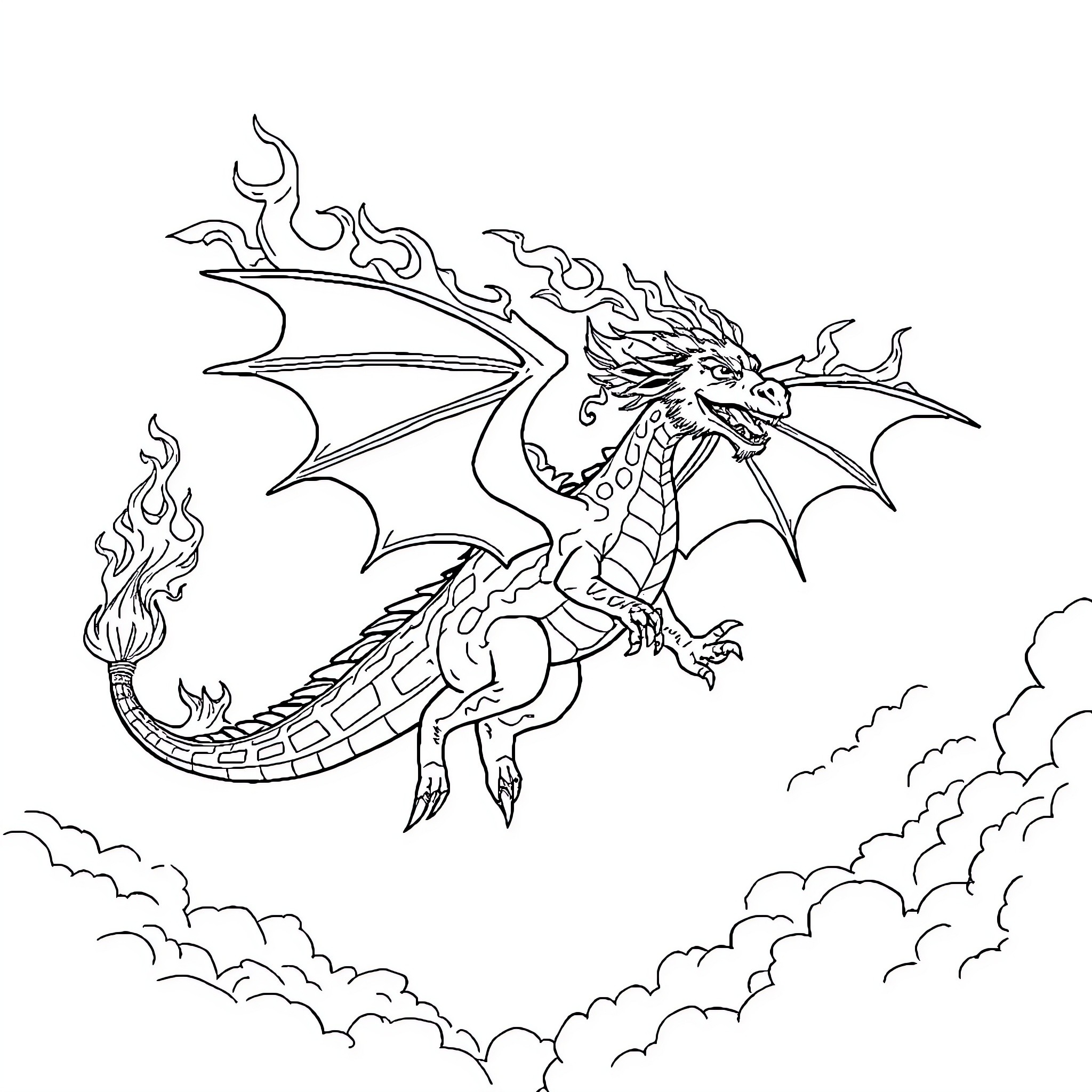 Dragon soaring through the sky with fiery wings Coloring Page (free black-and-white line drawing printable PDF for all, from beginners to advanced learners, including children, teens, adults, and seniors)
