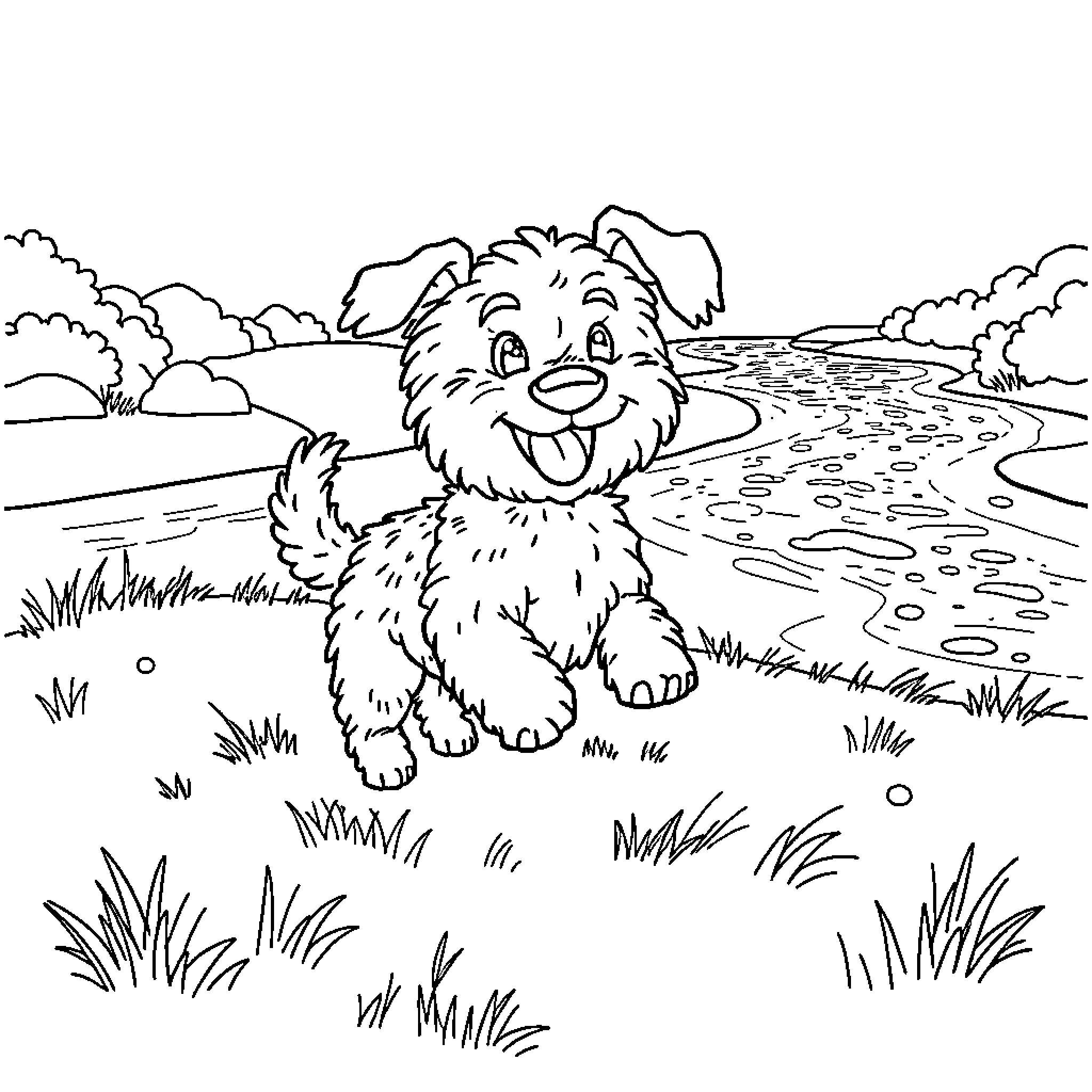 Dog playing happily in the countryside Coloring Page (free black-and-white line drawing printable PDF for all, from beginners to advanced learners, including children, teens, adults, and seniors)