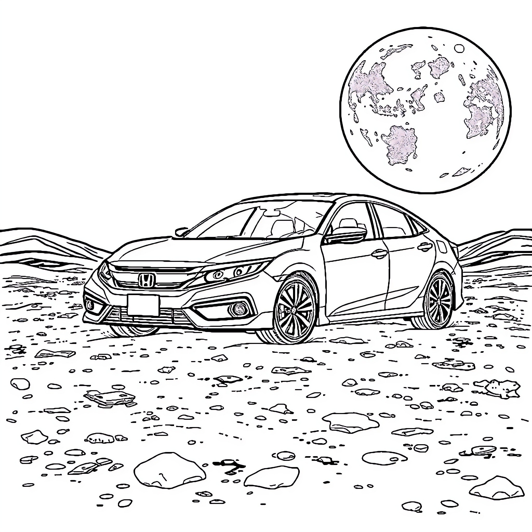 Honda Civic driving on rocky terrain under starry sky Coloring Page (free black-and-white line drawing printable PDF for all, from beginners to advanced learners, including children, teens, adults, and seniors)