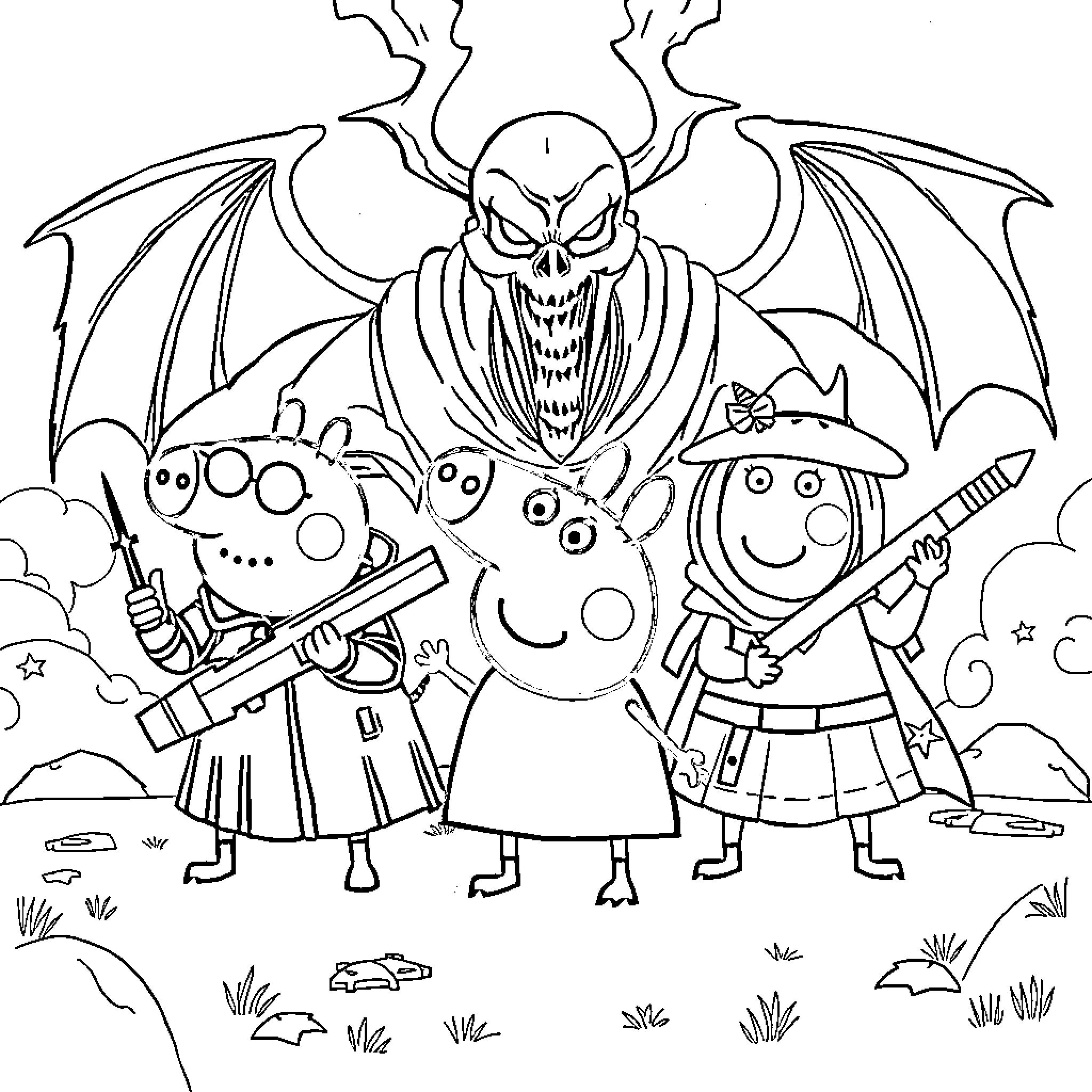 Peppa Pig characters encounter a frightening monster Coloring Page (free black-and-white line drawing printable PDF for all, from beginners to advanced learners, including children, teens, adults, and seniors)