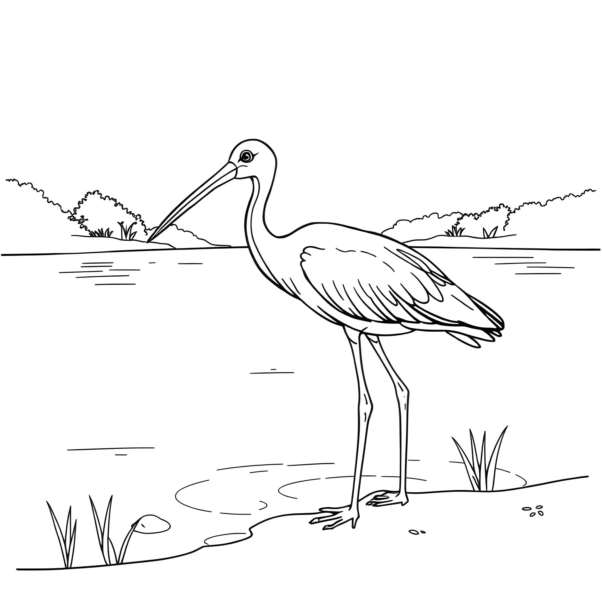 Ibis wading in a tranquil wetland scene Coloring Page (free black-and-white line drawing printable PDF for all, from beginners to advanced learners, including children, teens, adults, and seniors)