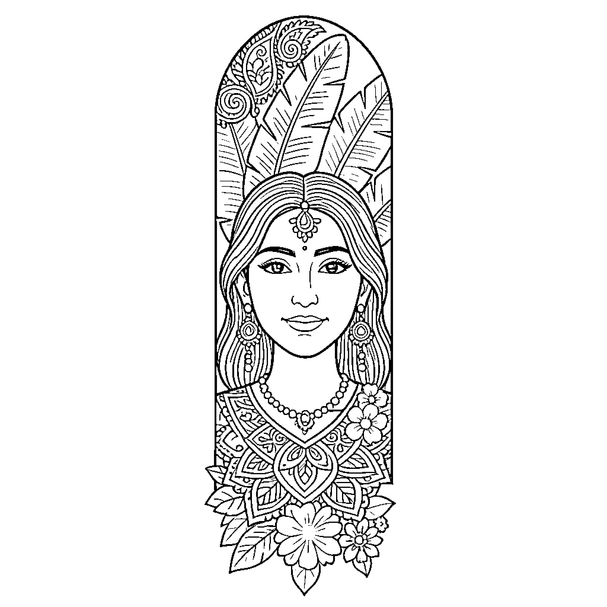 Bookmark with Intricate Floral Portrayal Coloring Page (free black-and-white line drawing printable PDF for all, from beginners to advanced learners, including children, teens, adults, and seniors)