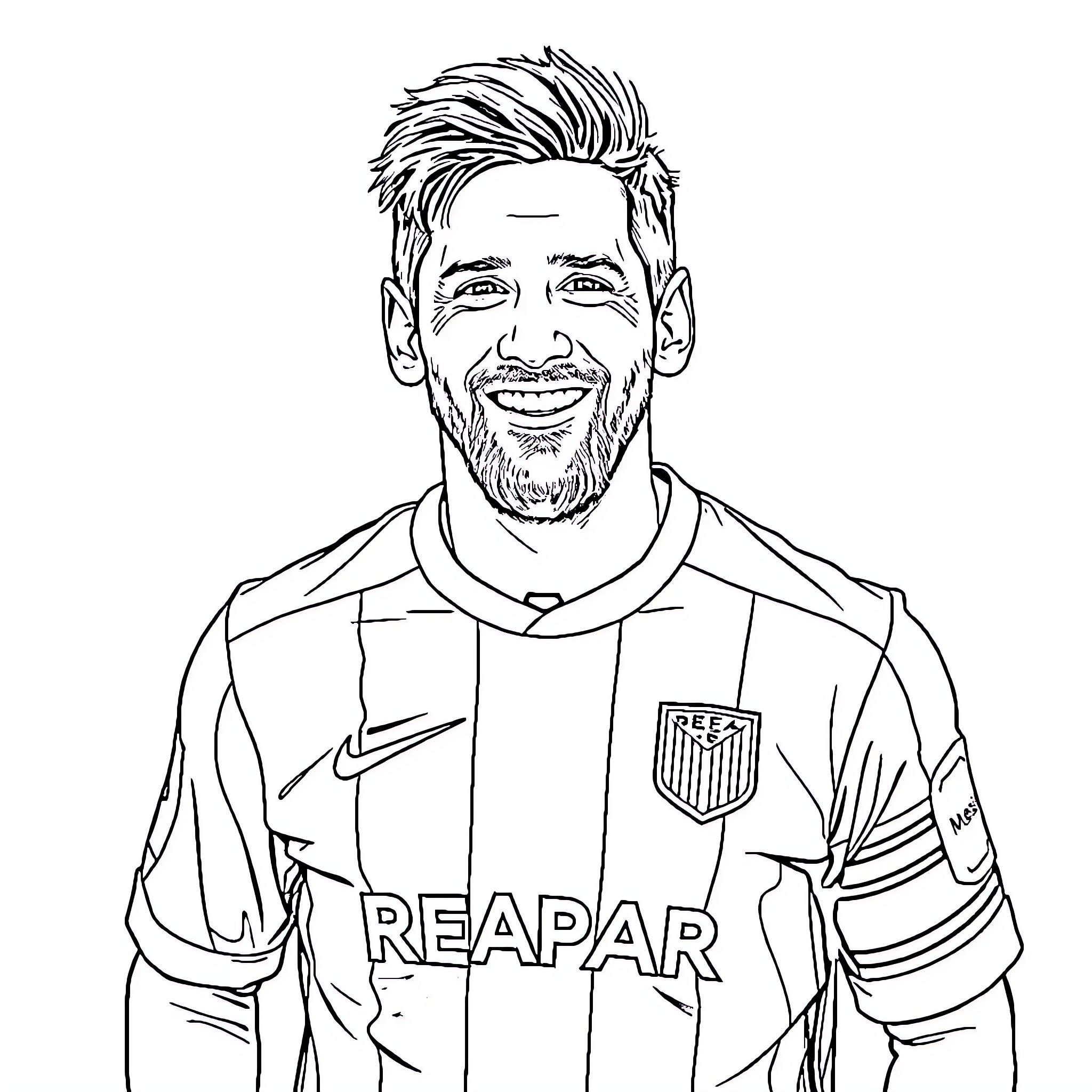 Messi Smiling Happily in Sports Uniform Coloring Page (free black-and-white line drawing printable PDF for all, from beginners to advanced learners, including children, teens, adults, and seniors)