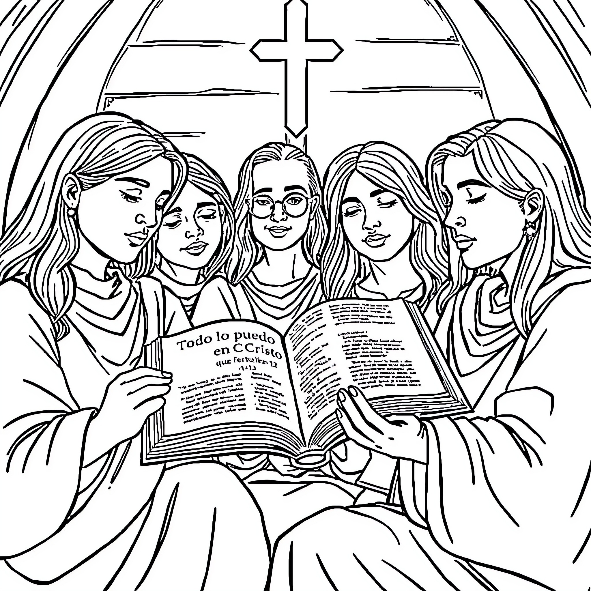Christ's Disciples Studying the Scripture Coloring Page (free black-and-white line drawing printable PDF for all, from beginners to advanced learners, including children, teens, adults, and seniors)