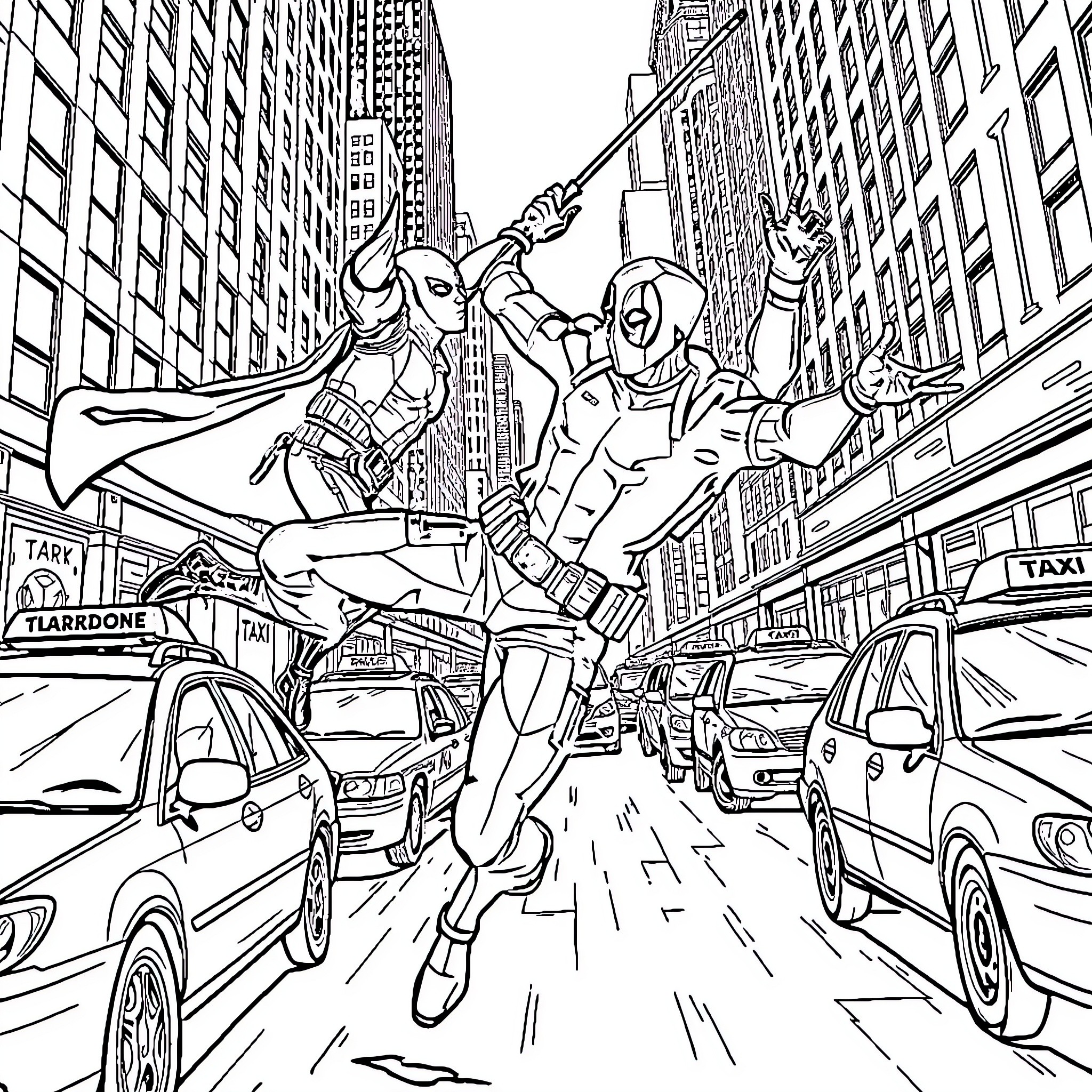 Deadpool heroically leaps through New York City streets Coloring Page (free black-and-white line drawing printable PDF for all, from beginners to advanced learners, including children, teens, adults, and seniors)
