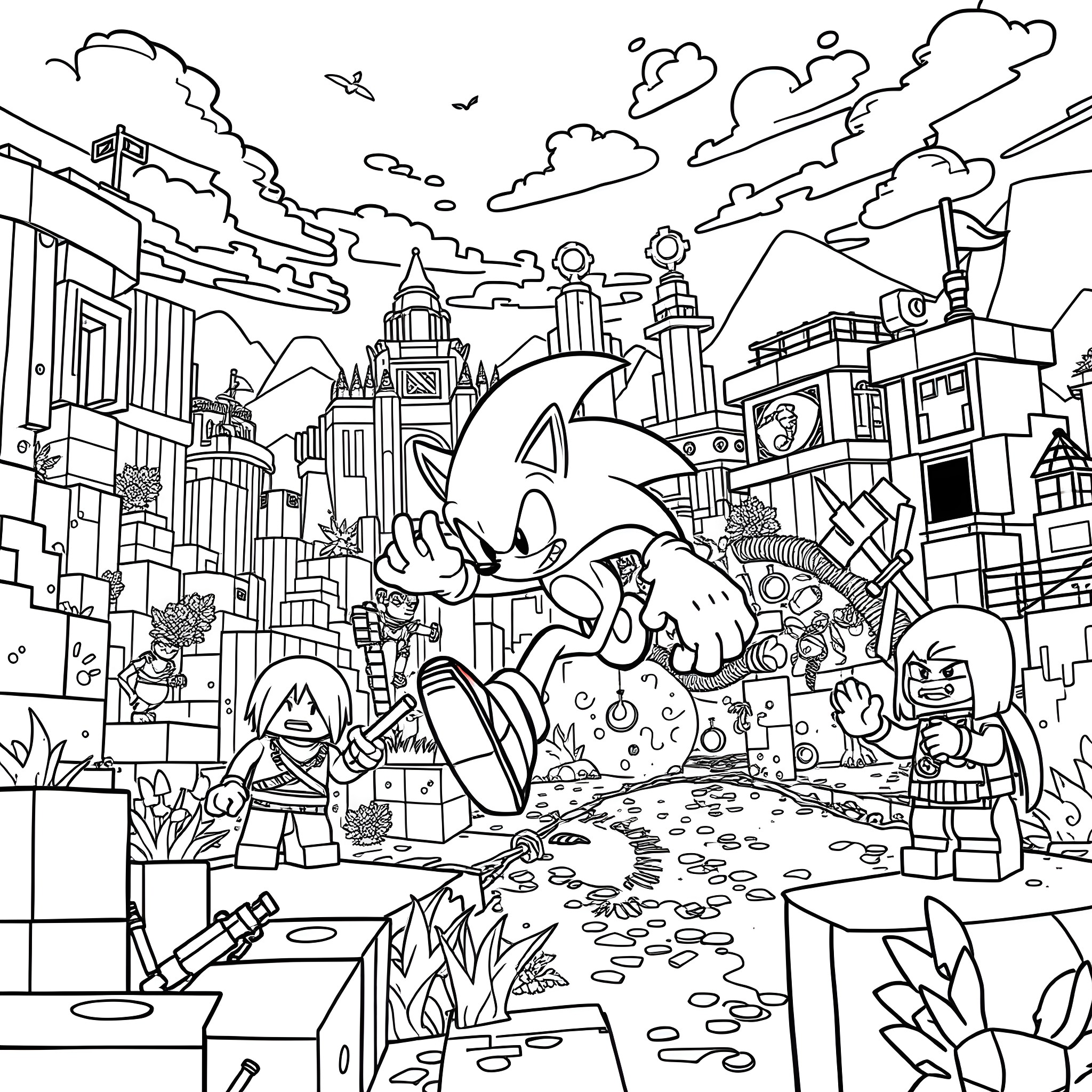 Sonic Adventuring Through the Vibrant City Landscape Coloring Page (free black-and-white line drawing printable PDF for all, from beginners to advanced learners, including children, teens, adults, and seniors)