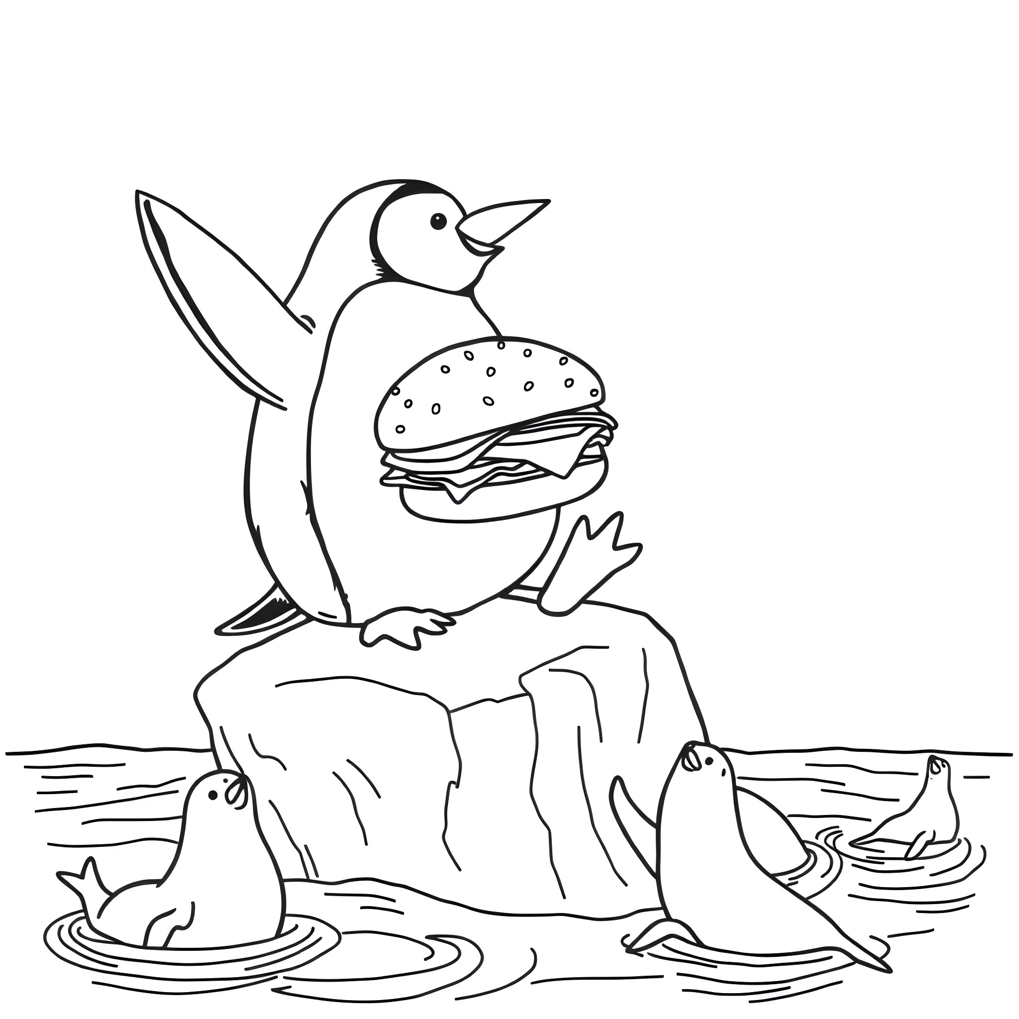 Penguin enjoying a tasty hamburger by the pond Coloring Page (free black-and-white line drawing printable PDF for all, from beginners to advanced learners, including children, teens, adults, and seniors)