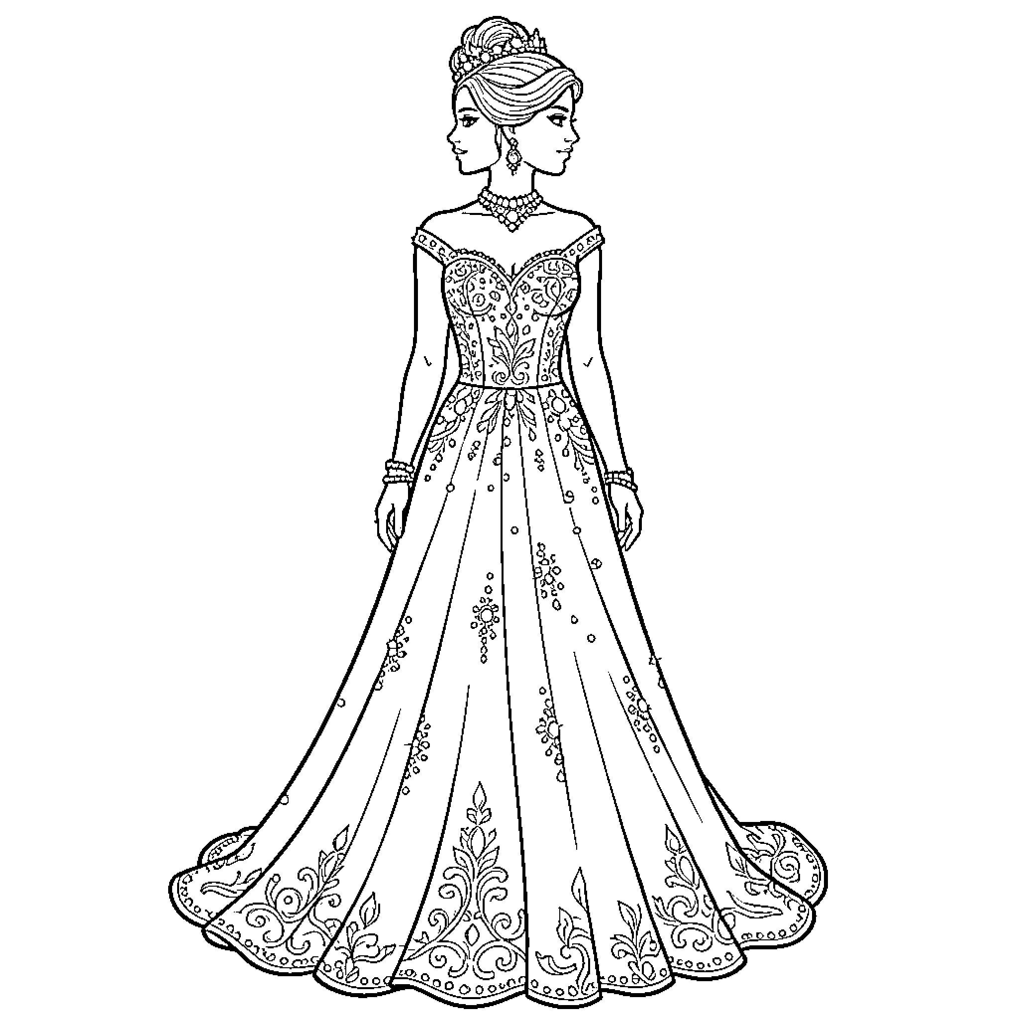 Woman in elegant embellished gown with long train Coloring Page (free black-and-white line drawing printable PDF for all, from beginners to advanced learners, including children, teens, adults, and seniors)