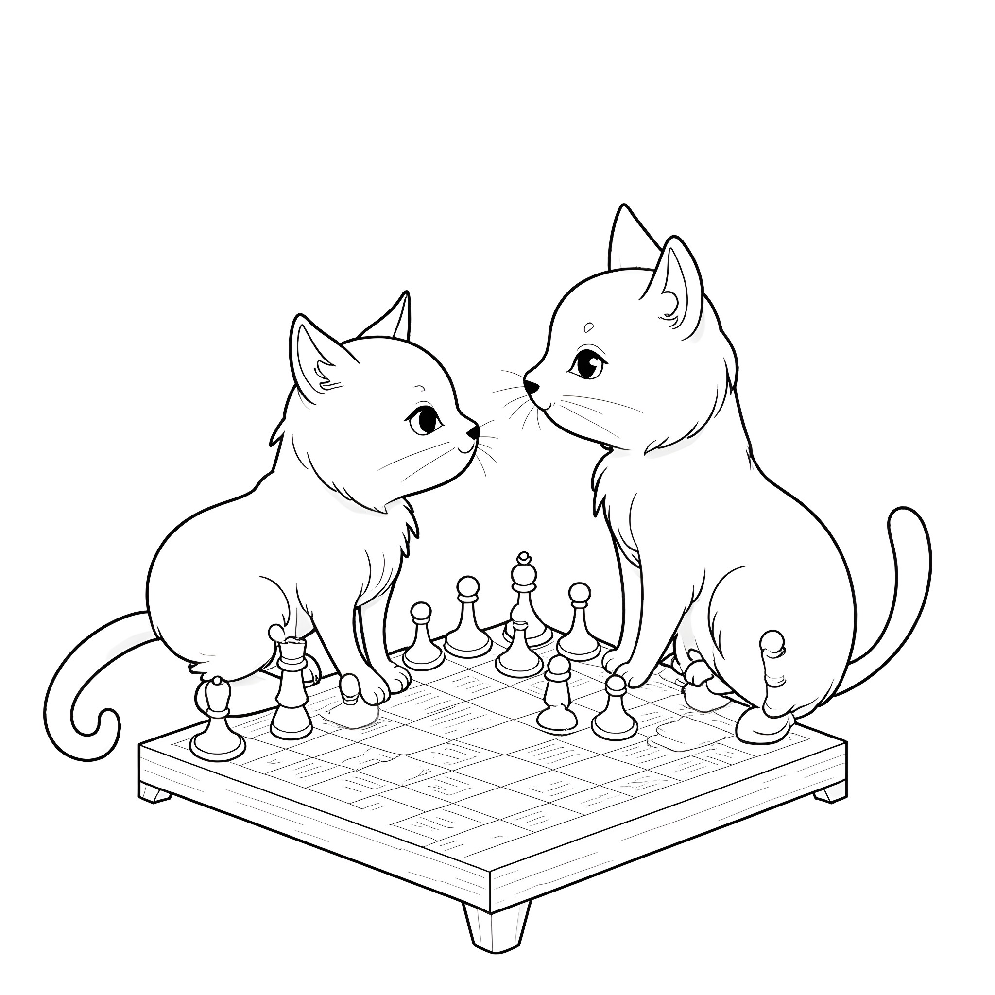 Cats playing chess on a chessboard Coloring Page (free black-and-white line drawing printable PDF for all, from beginners to advanced learners, including children, teens, adults, and seniors)