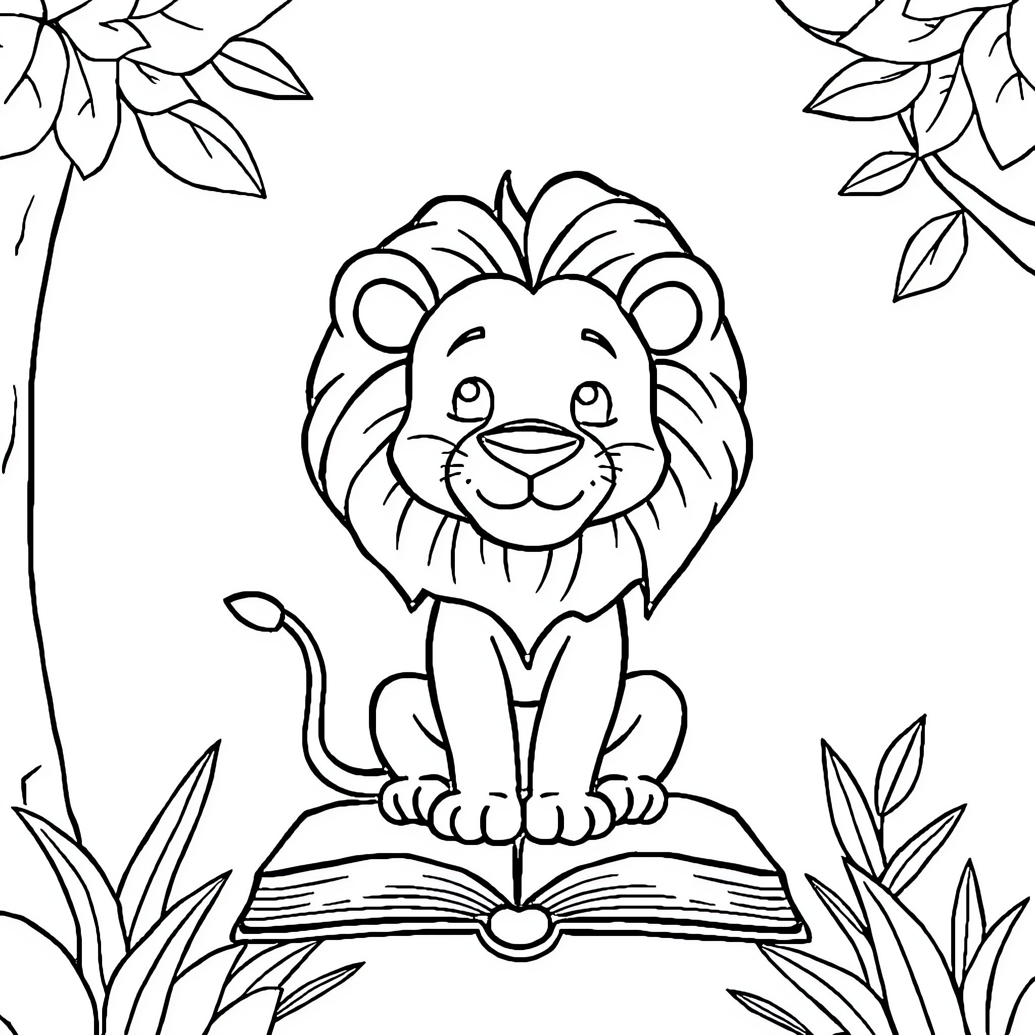 Lion sitting on an open book in nature Coloring Page (free black-and-white line drawing printable PDF for all, from beginners to advanced learners, including children, teens, adults, and seniors)
