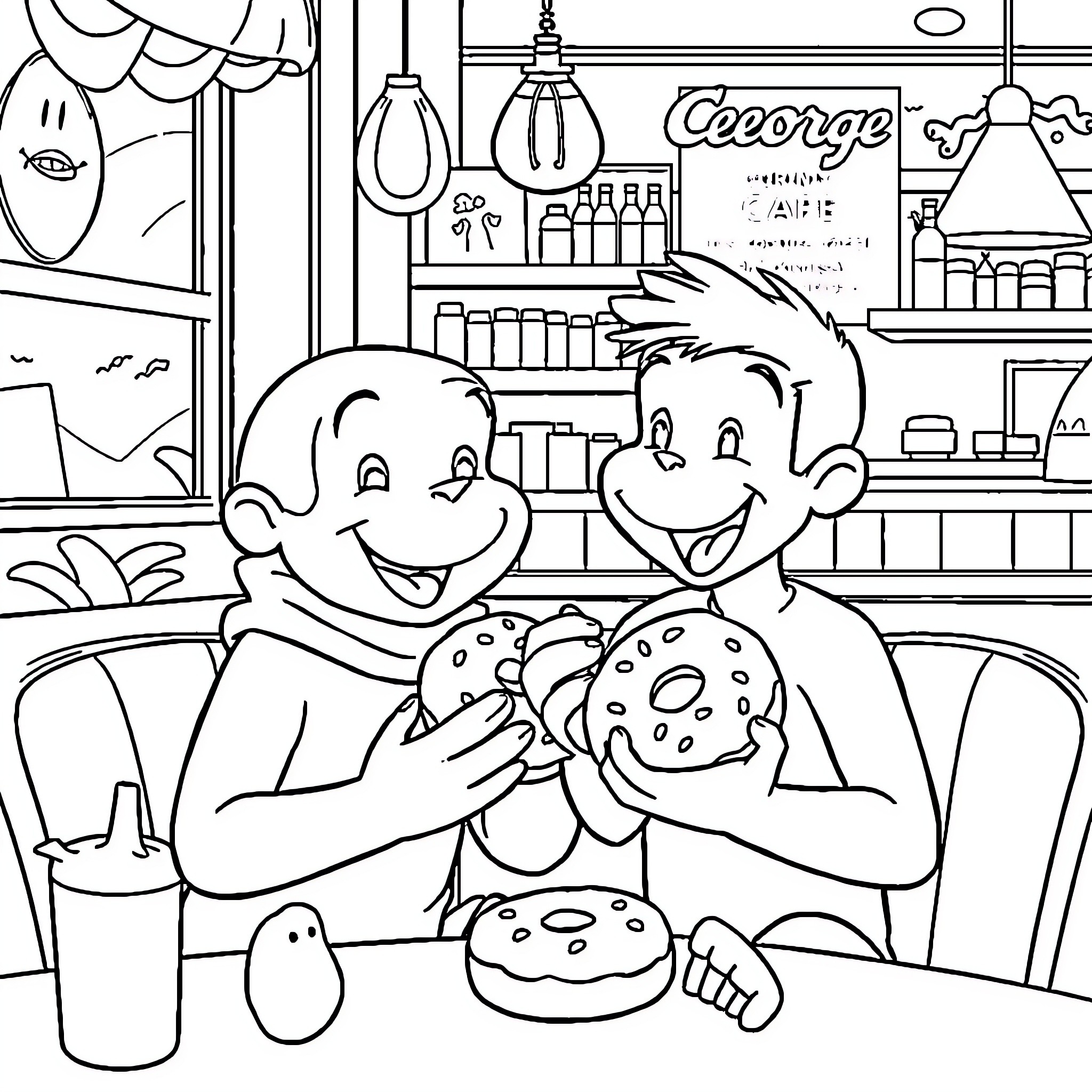 Curious George enjoying donuts at the bakery Coloring Page (free black-and-white line drawing printable PDF for all, from beginners to advanced learners, including children, teens, adults, and seniors)