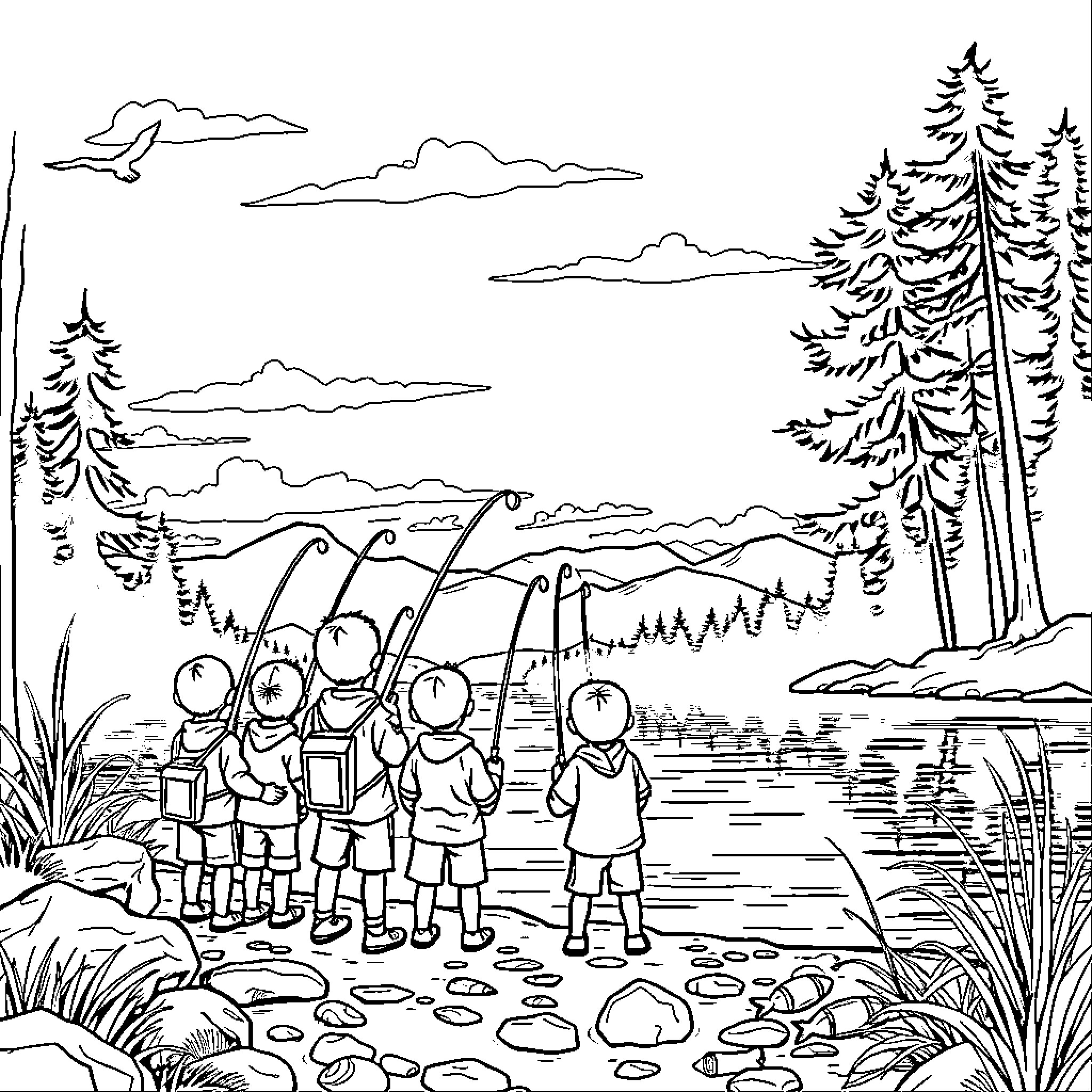 Cub Scouts exploring the great outdoors Coloring Page (free black-and-white line drawing printable PDF for all, from beginners to advanced learners, including children, teens, adults, and seniors)