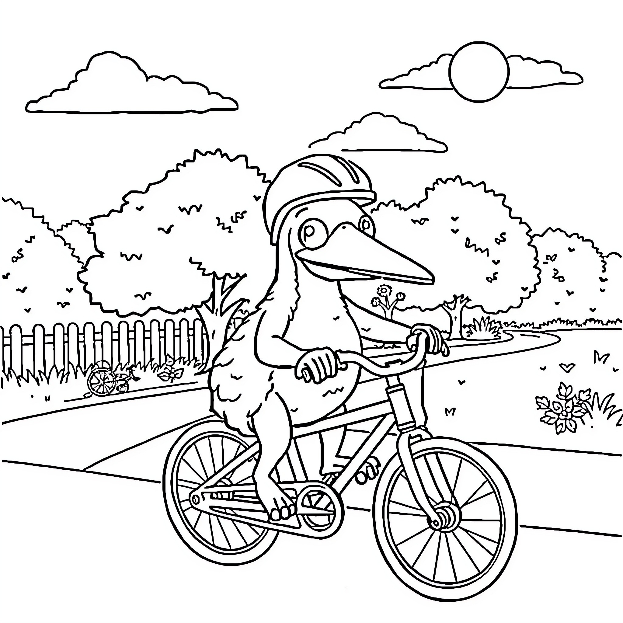 Platypus riding a bicycle in the park Coloring Page (free black-and-white line drawing printable PDF for all, from beginners to advanced learners, including children, teens, adults, and seniors)