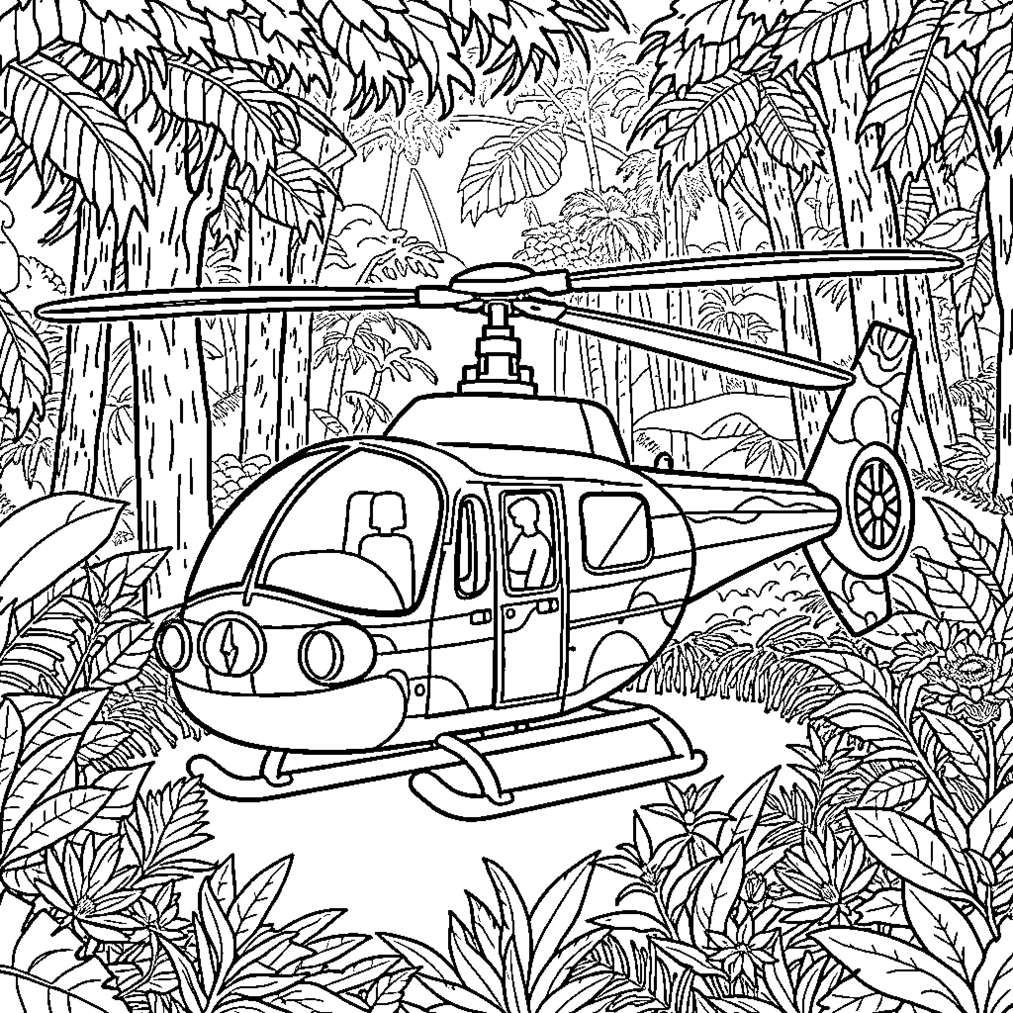 Helicopter landing in lush tropical forest Coloring Page (free black-and-white line drawing printable PDF for all, from beginners to advanced learners, including children, teens, adults, and seniors)