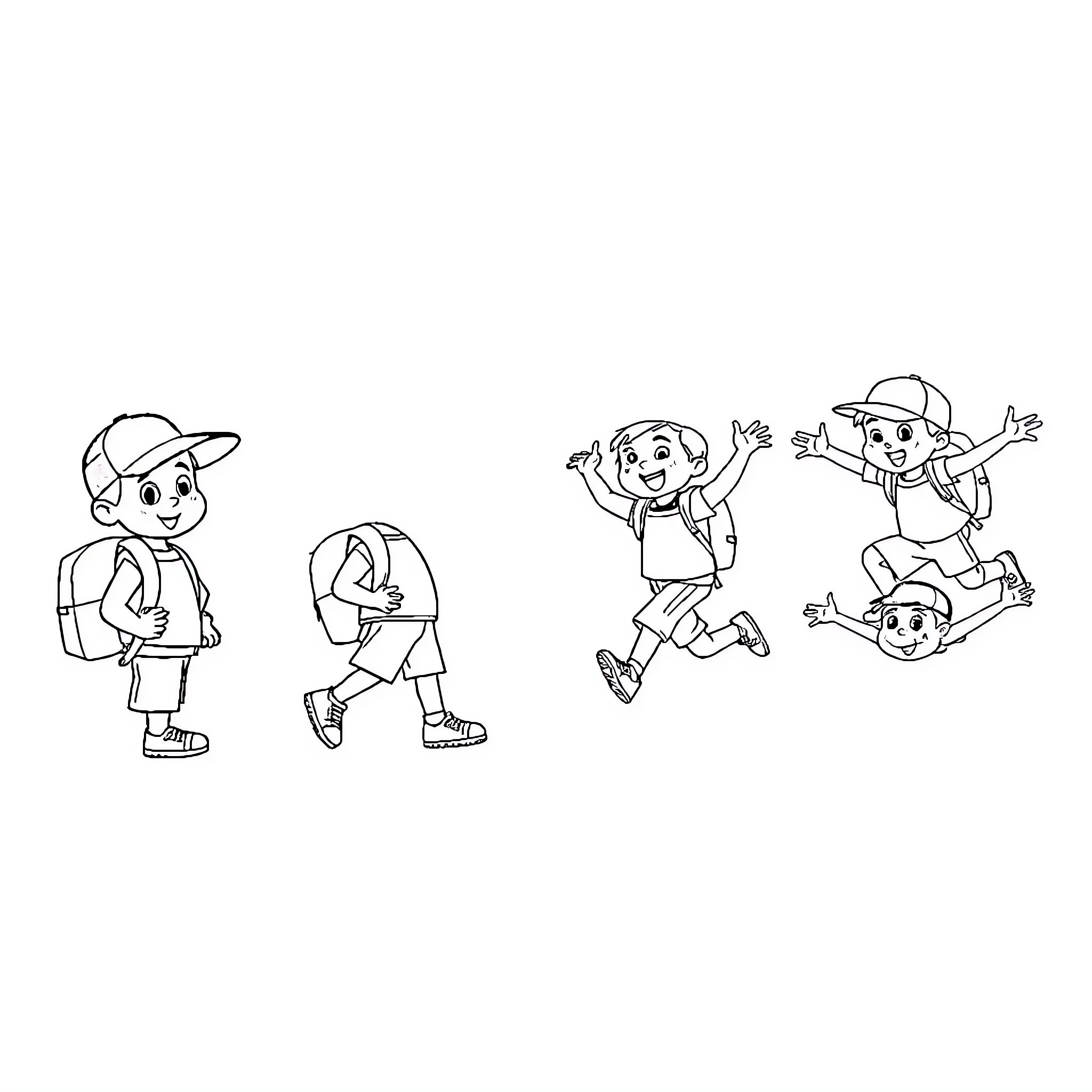 Character children playing and jumping happily outdoors Coloring Page (free black-and-white line drawing printable PDF for all, from beginners to advanced learners, including children, teens, adults, and seniors)