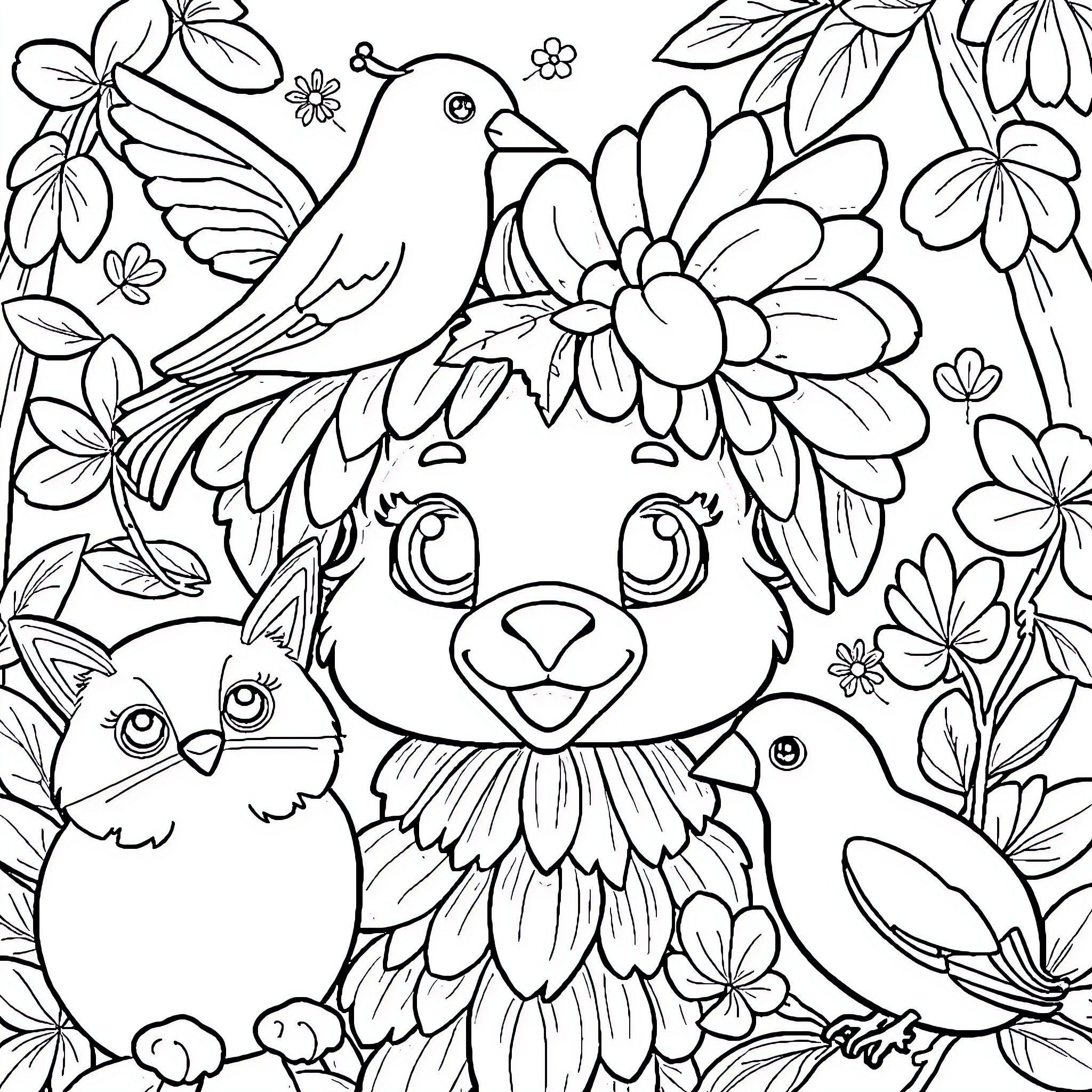 Animal friends in a floral garden Coloring Page (free black-and-white line drawing printable PDF for all, from beginners to advanced learners, including children, teens, adults, and seniors)