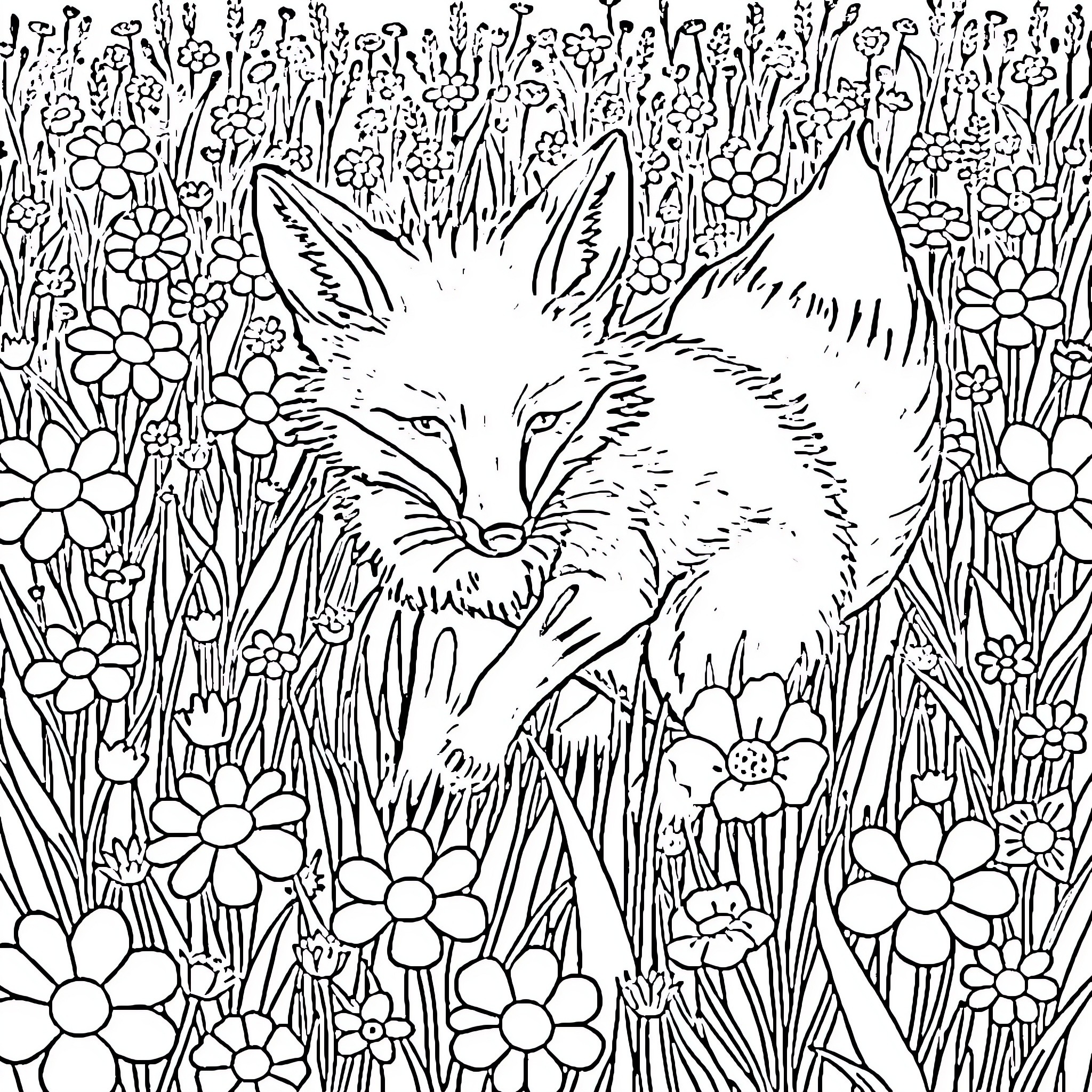 Fox sleeping peacefully in a floral meadow Coloring Page (free black-and-white line drawing printable PDF for all, from beginners to advanced learners, including children, teens, adults, and seniors)