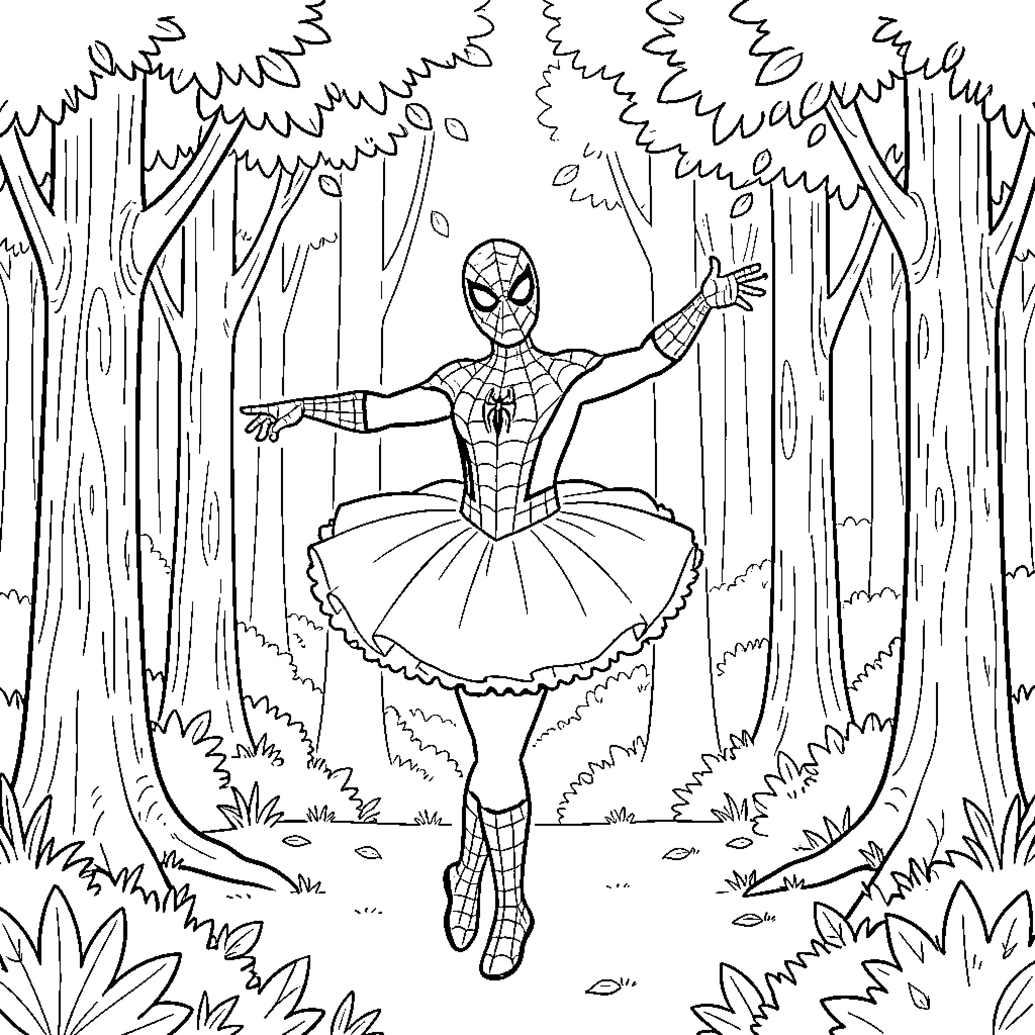 Spiderman dancing in a tutu in the forest Coloring Page (free black-and-white line drawing printable PDF for all, from beginners to advanced learners, including children, teens, adults, and seniors)