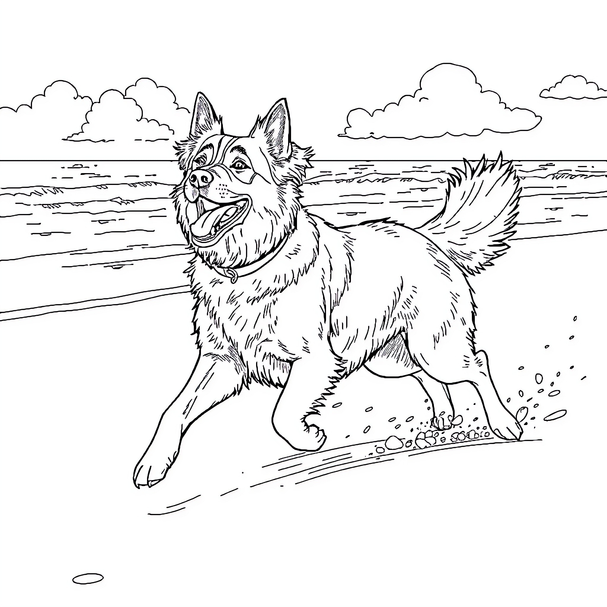 Dog running happily on the beach Coloring Page (free black-and-white line drawing printable PDF for all, from beginners to advanced learners, including children, teens, adults, and seniors)