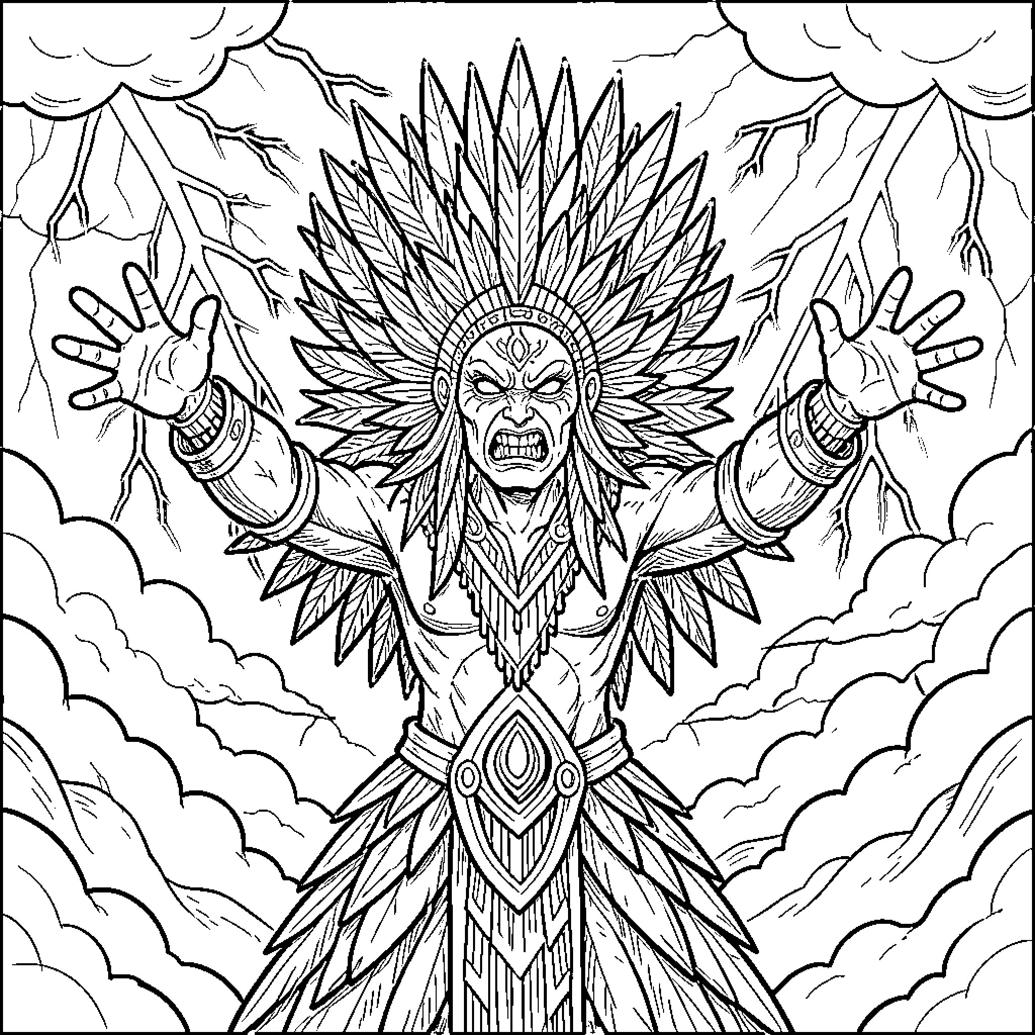 Tzitzimime - Fearsome Mayan deity in the clouds Coloring Page (free black-and-white line drawing printable PDF for all, from beginners to advanced learners, including children, teens, adults, and seniors)