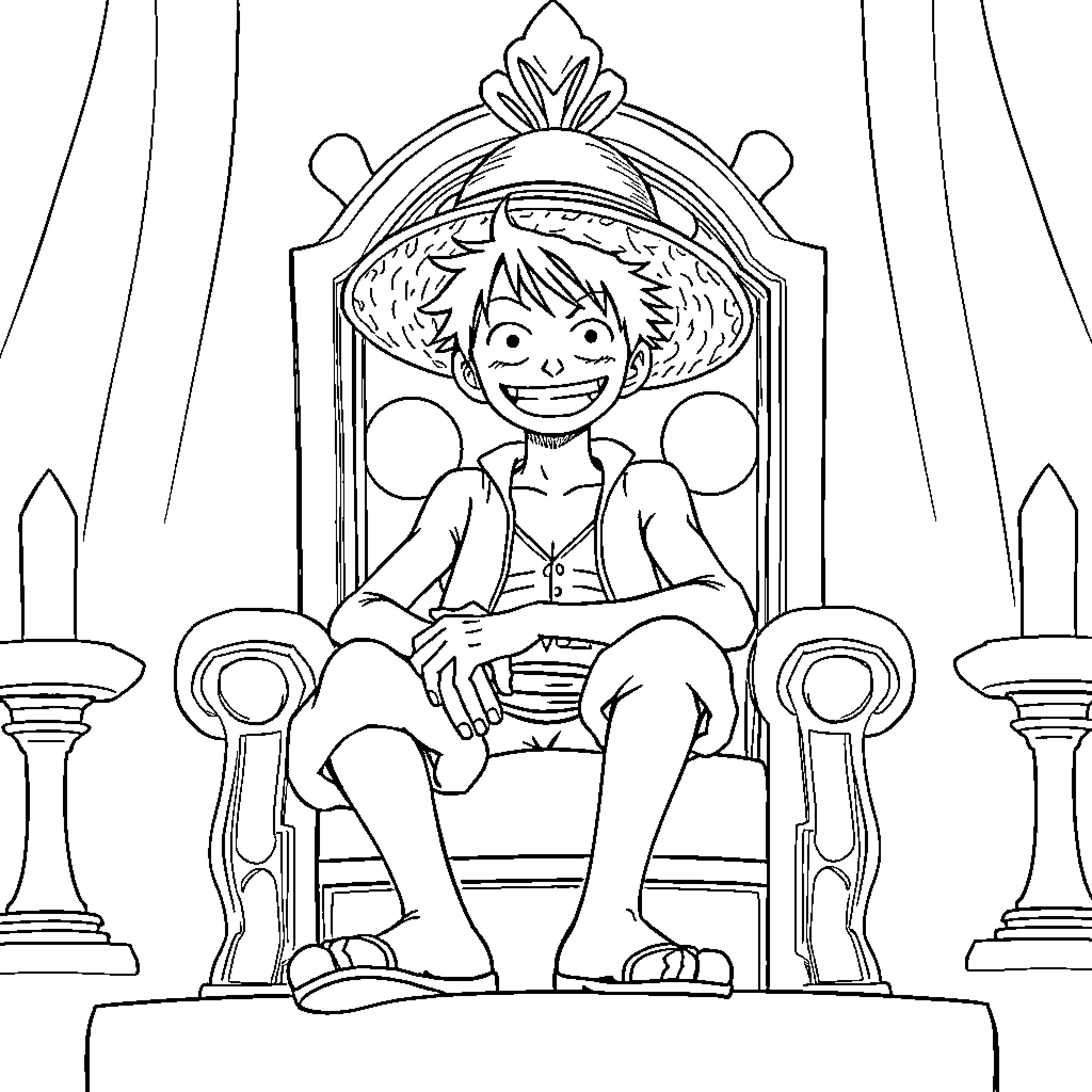Luffy sitting proudly on a grand throne Coloring Page (free black-and-white line drawing printable PDF for all, from beginners to advanced learners, including children, teens, adults, and seniors)