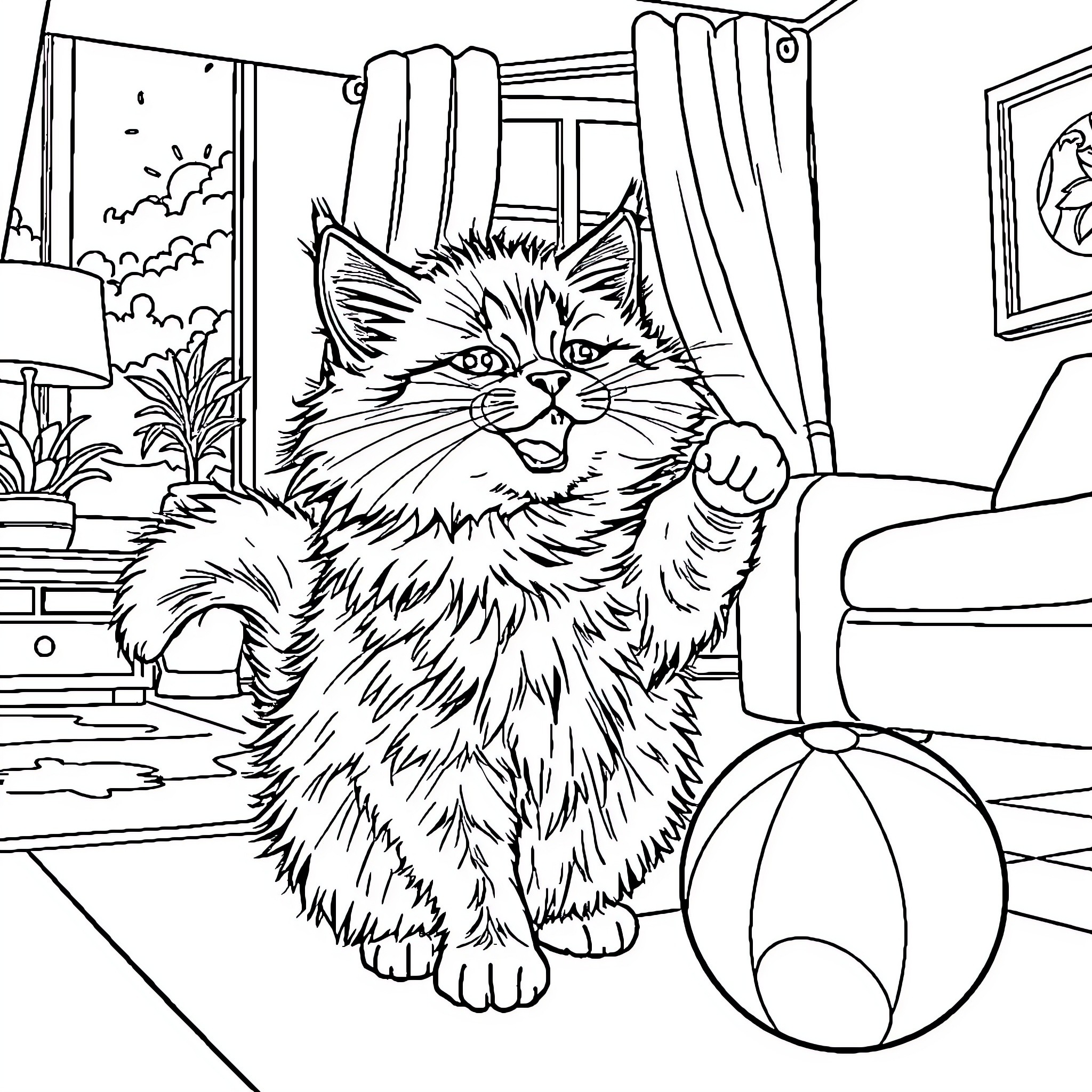 Cat sitting on couch in living room Coloring Page (free black-and-white line drawing printable PDF for all, from beginners to advanced learners, including children, teens, adults, and seniors)