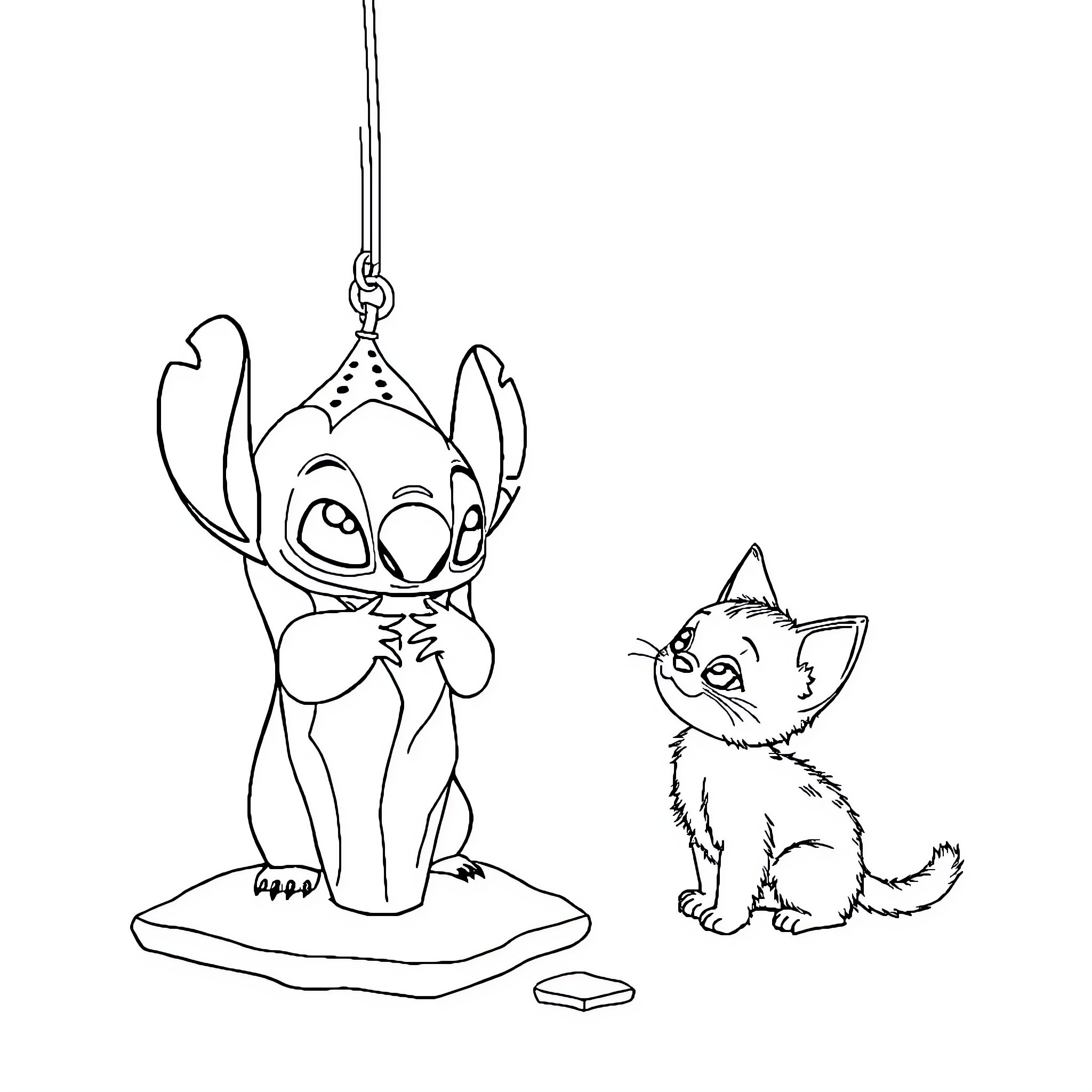 Stitch and a Curious Kitten Coloring Page (free black-and-white line drawing printable PDF for all, from beginners to advanced learners, including children, teens, adults, and seniors)