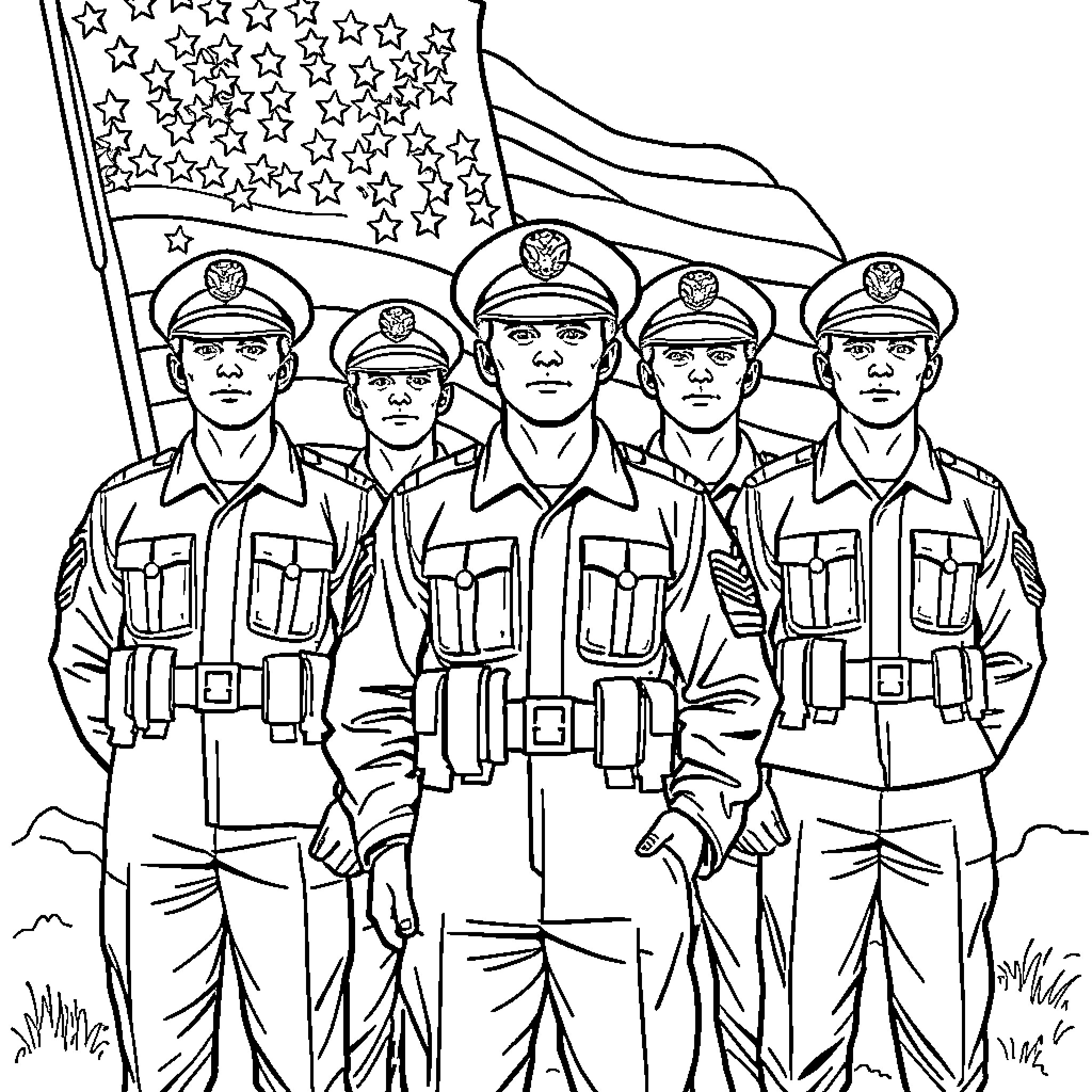 USA Military soldiers standing at attention with flag Coloring Page (free black-and-white line drawing printable PDF for all, from beginners to advanced learners, including children, teens, adults, and seniors)
