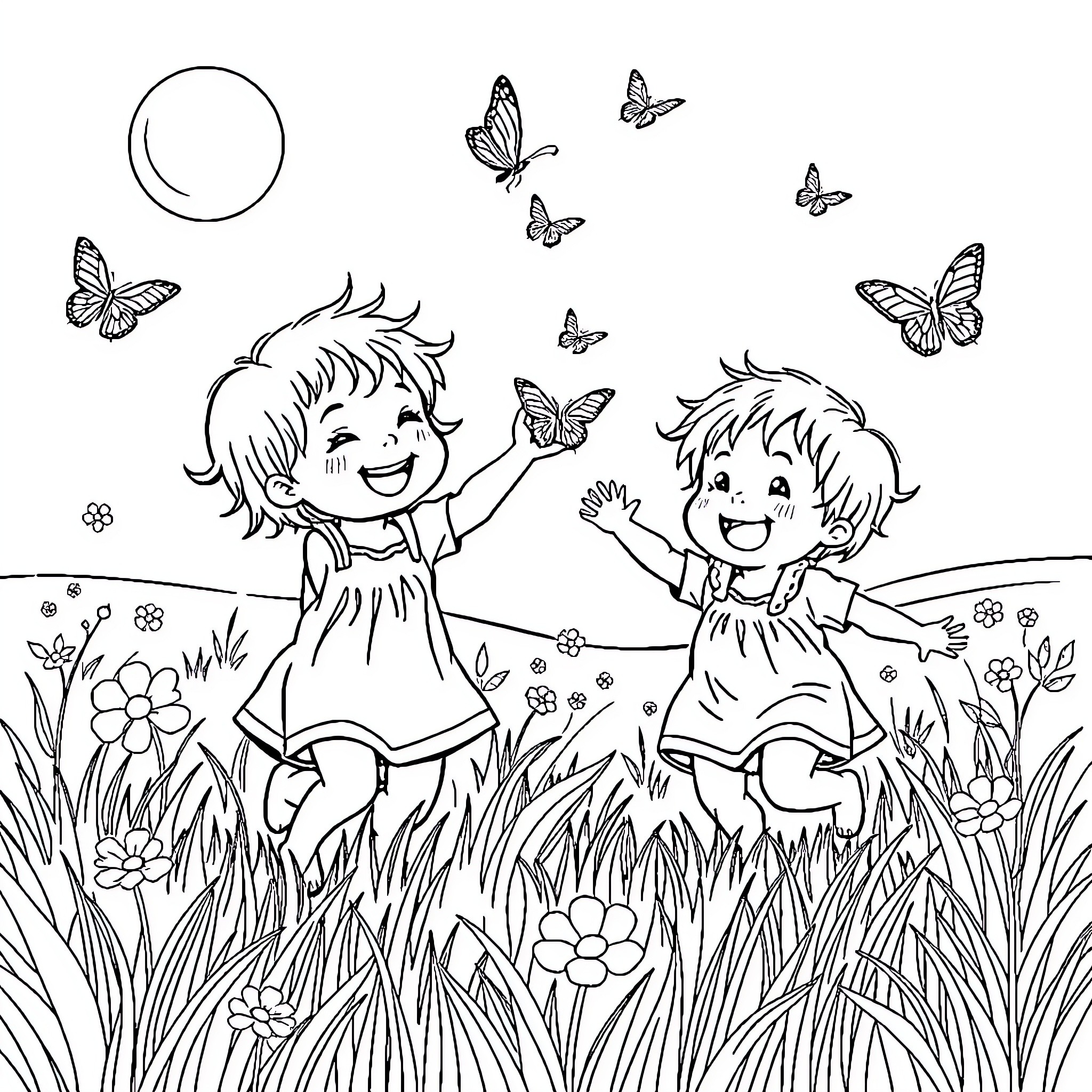 Toddlers playing happily with butterflies in the meadow Coloring Page (free black-and-white line drawing printable PDF for all, from beginners to advanced learners, including children, teens, adults, and seniors)