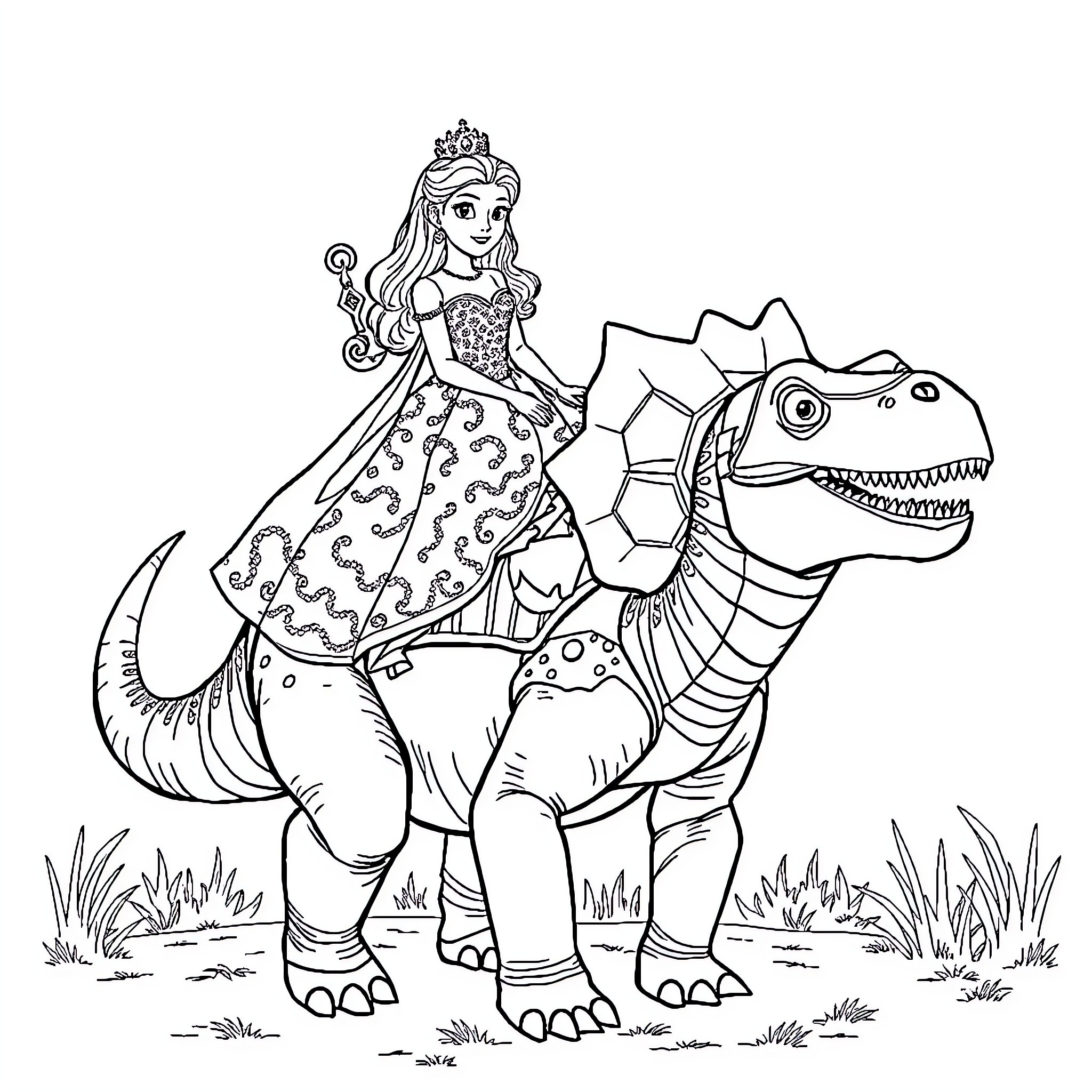 Princess riding a dinosaur with a crown Coloring Page (free black-and-white line drawing printable PDF for all, from beginners to advanced learners, including children, teens, adults, and seniors)
