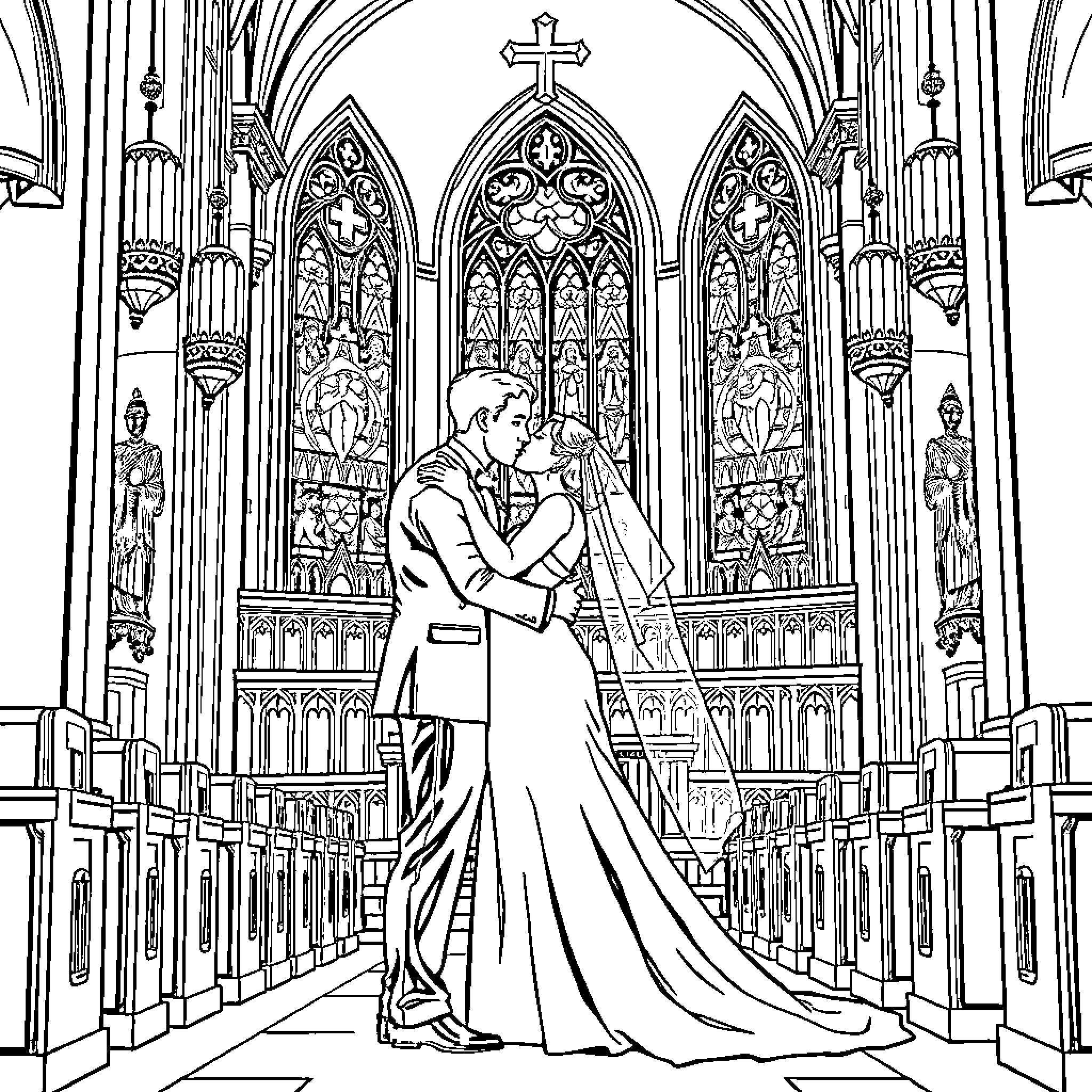 Bride and Groom in a Grand Gothic Cathedral Coloring Page (free black-and-white line drawing printable PDF for all, from beginners to advanced learners, including children, teens, adults, and seniors)