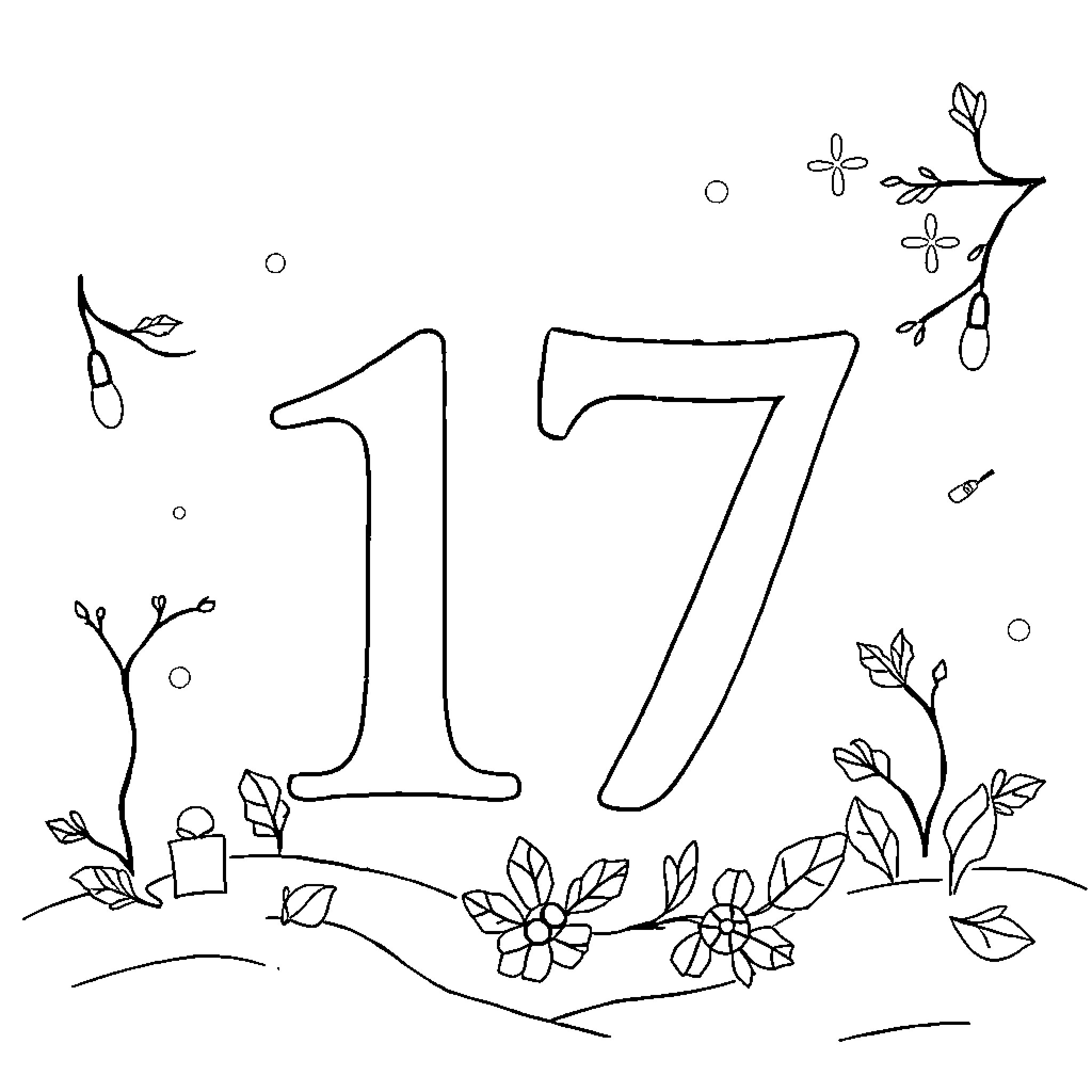 Number 17 with Floral Decorations Coloring Page (free black-and-white line drawing printable PDF for all, from beginners to advanced learners, including children, teens, adults, and seniors)