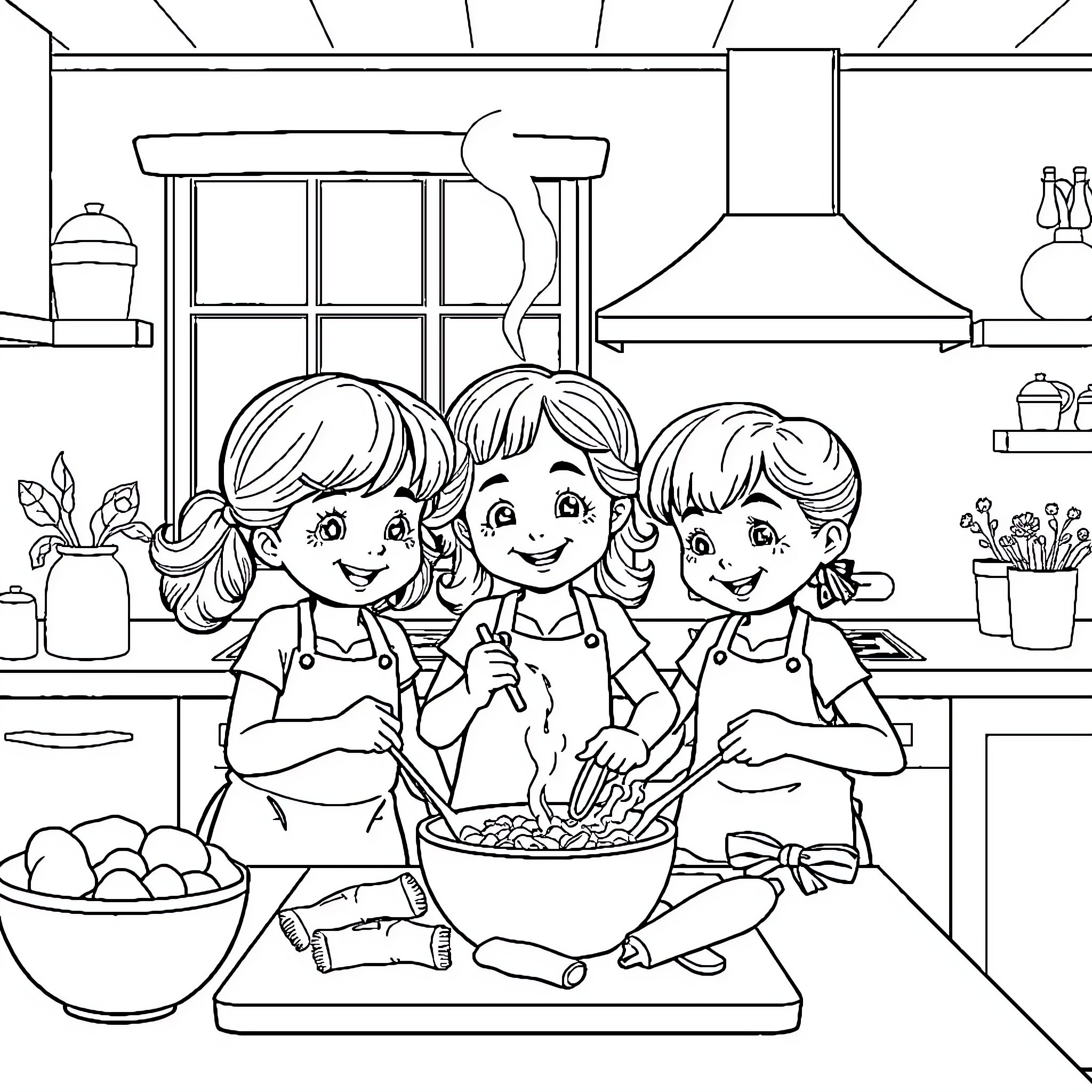 Sturniolo Triplet Cooking Together in the Kitchen Coloring Page (free black-and-white line drawing printable PDF for all, from beginners to advanced learners, including children, teens, adults, and seniors)