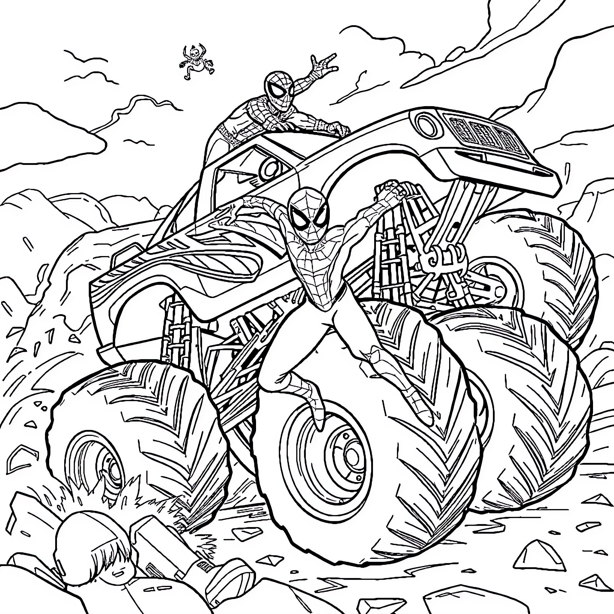 Spider-Man riding a monstrous vehicle through a rugged terrain Coloring Page (free black-and-white line drawing printable PDF for all, from beginners to advanced learners, including children, teens, adults, and seniors)