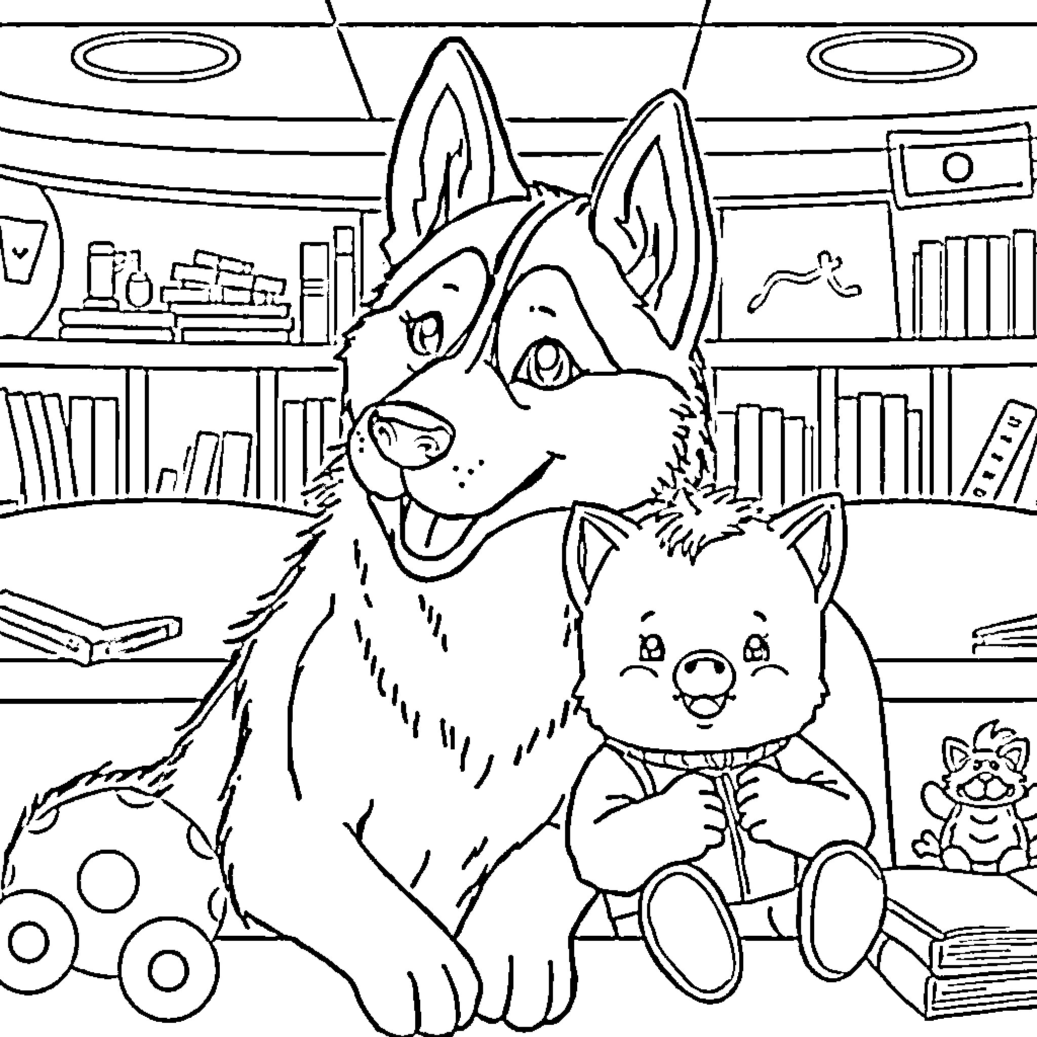 Husky enjoying a cozy bookshelf with its friends Coloring Page (free black-and-white line drawing printable PDF for all, from beginners to advanced learners, including children, teens, adults, and seniors)