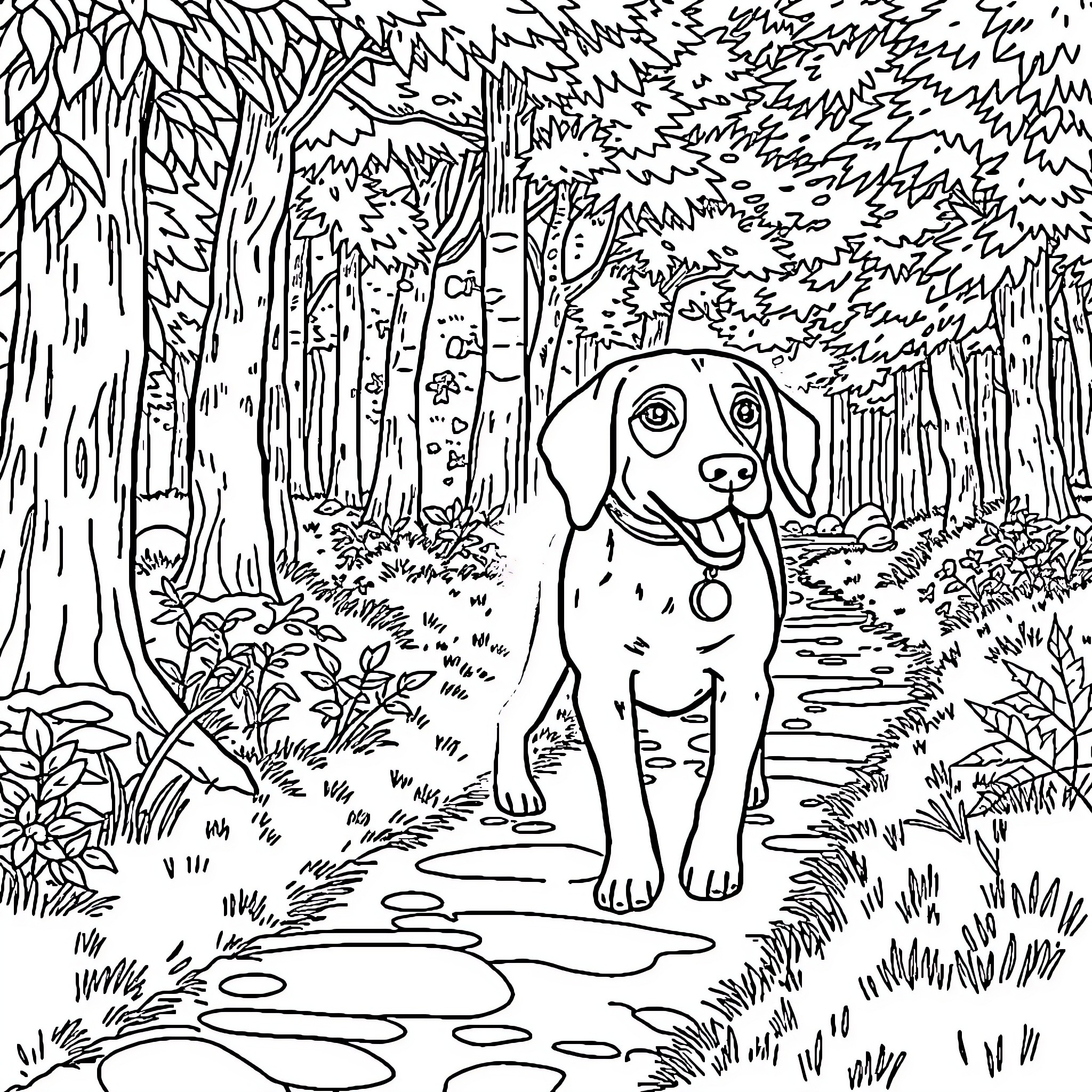 Beagle exploring the enchanting forest Coloring Page (free black-and-white line drawing printable PDF for all, from beginners to advanced learners, including children, teens, adults, and seniors)