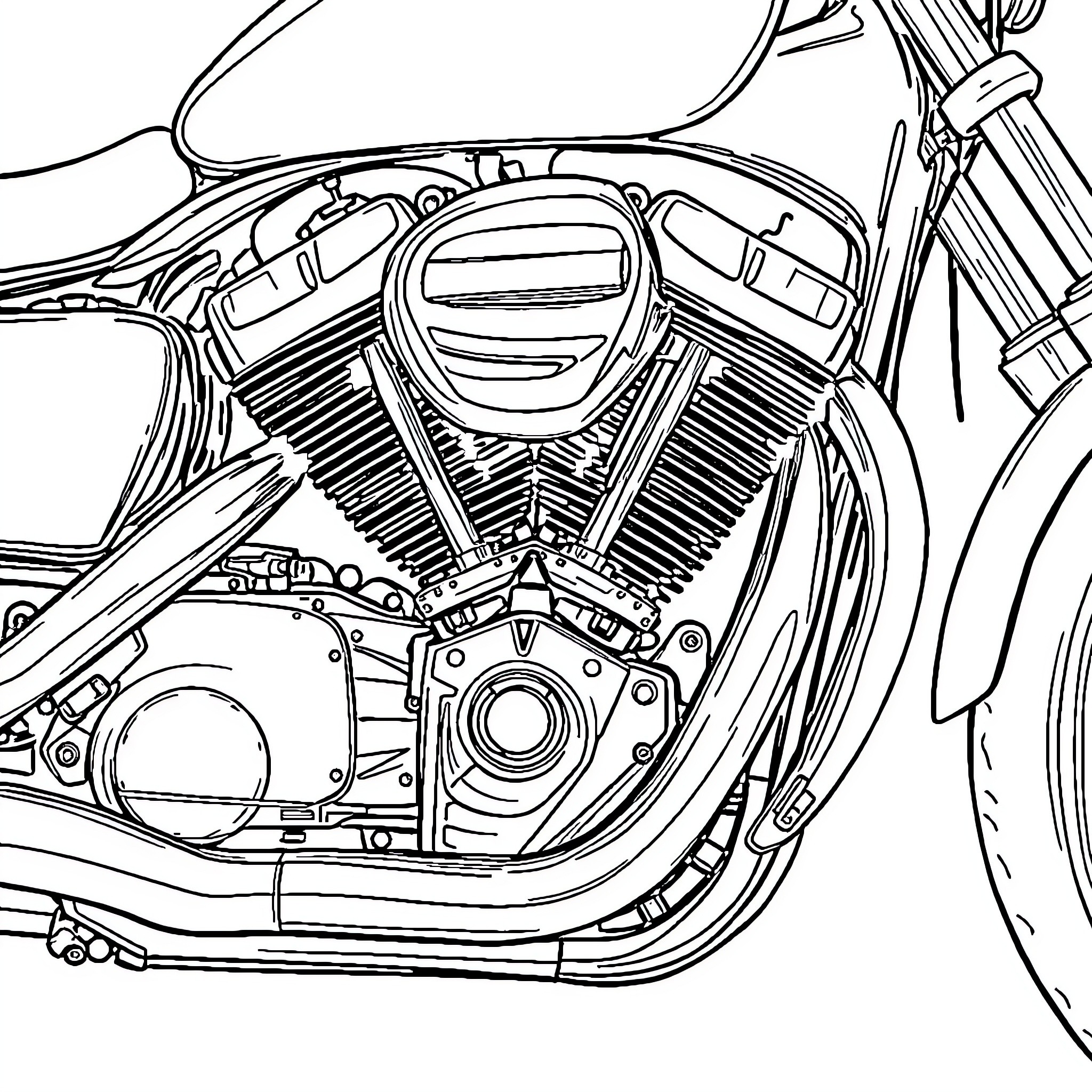 Motorcycle Engine and Details Coloring Page (free black-and-white line drawing printable PDF for all, from beginners to advanced learners, including children, teens, adults, and seniors)