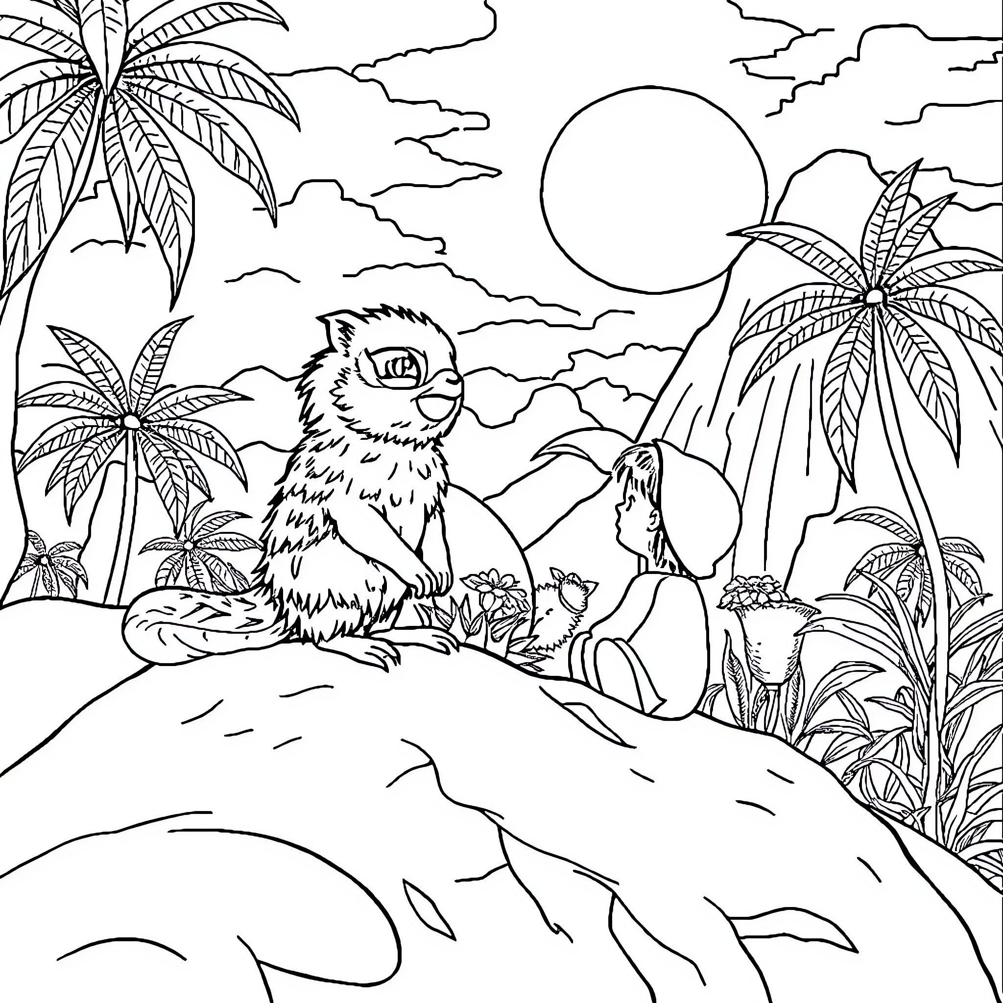 Cat lounging in tropical jungle landscape Coloring Page (free black-and-white line drawing printable PDF for all, from beginners to advanced learners, including children, teens, adults, and seniors)