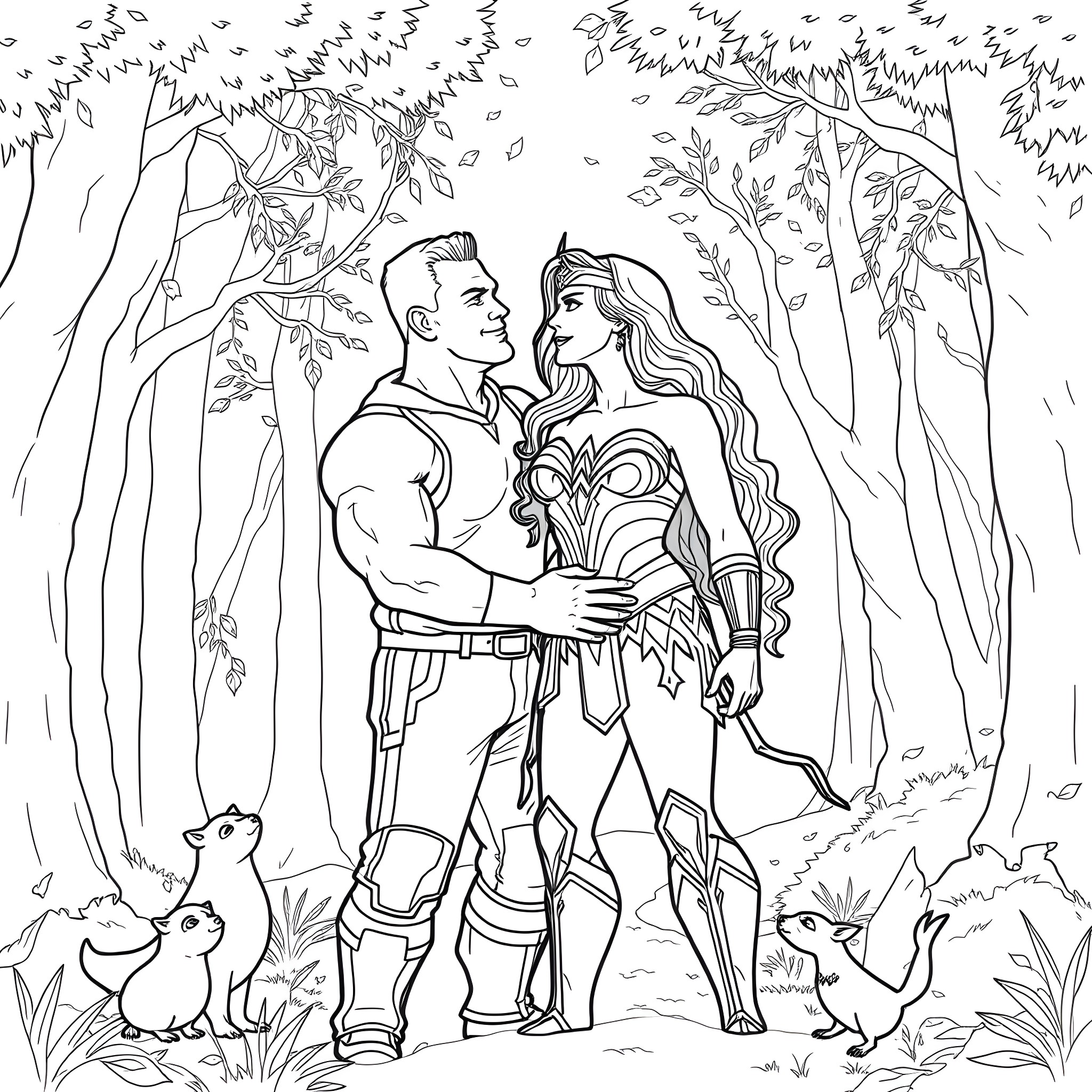 John Cena and Wonder Woman in the Enchanted Forest Coloring Page (free black-and-white line drawing printable PDF for all, from beginners to advanced learners, including children, teens, adults, and seniors)