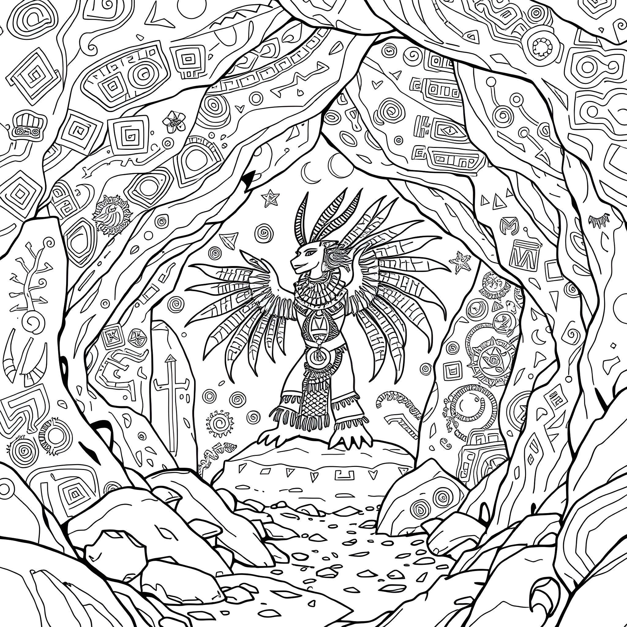 Uktena: Mythical Creature in Ornate Landscape Coloring Page (free black-and-white line drawing printable PDF for all, from beginners to advanced learners, including children, teens, adults, and seniors)