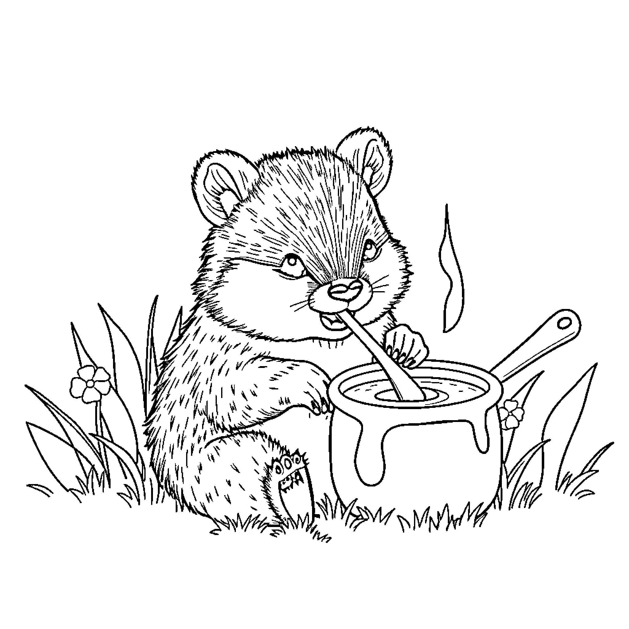 Bear enjoying a sweet treat in the wilderness Coloring Page (free black-and-white line drawing printable PDF for all, from beginners to advanced learners, including children, teens, adults, and seniors)