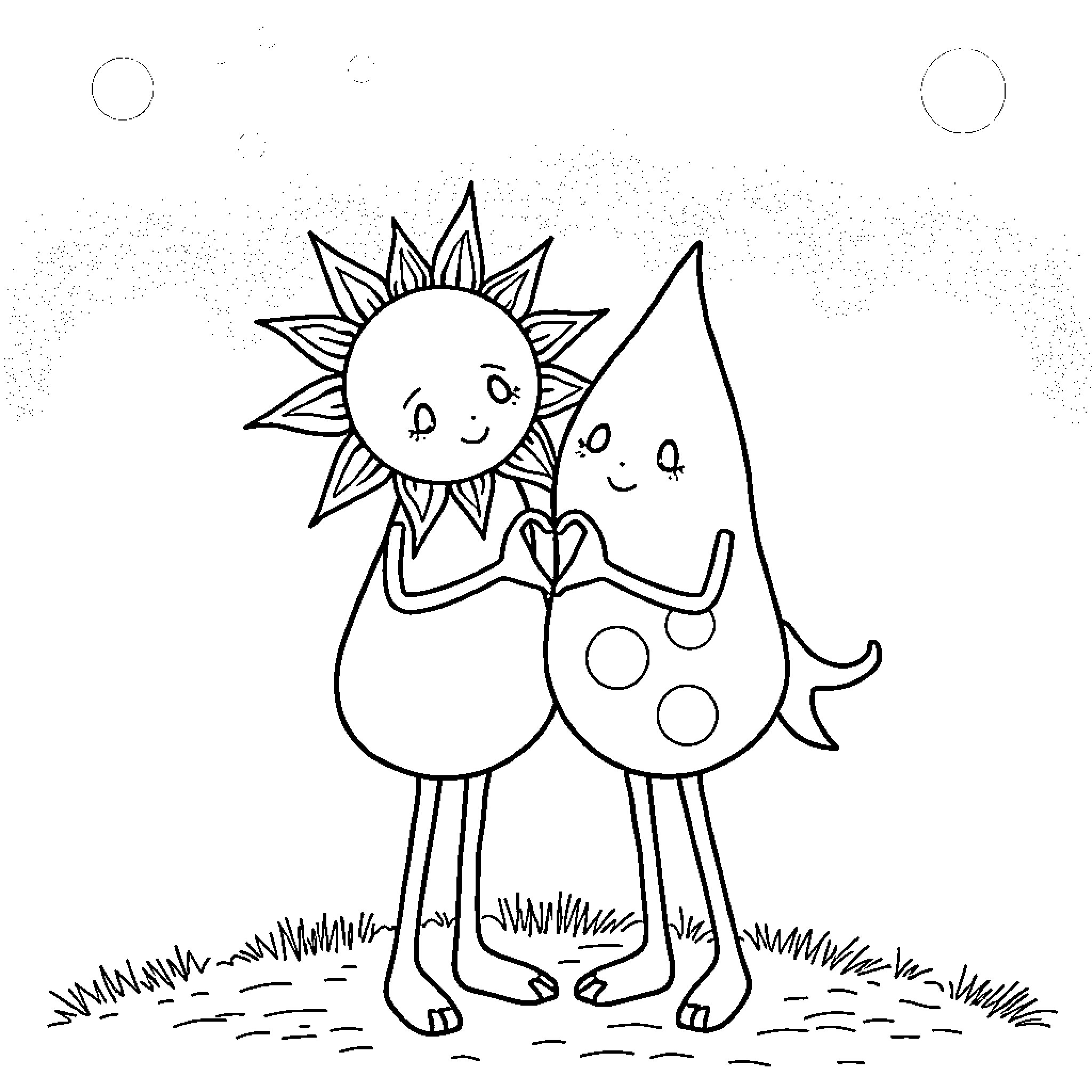Sundrop and Moondrop's Playful Adventure Coloring Page (free black-and-white line drawing printable PDF for all, from beginners to advanced learners, including children, teens, adults, and seniors)