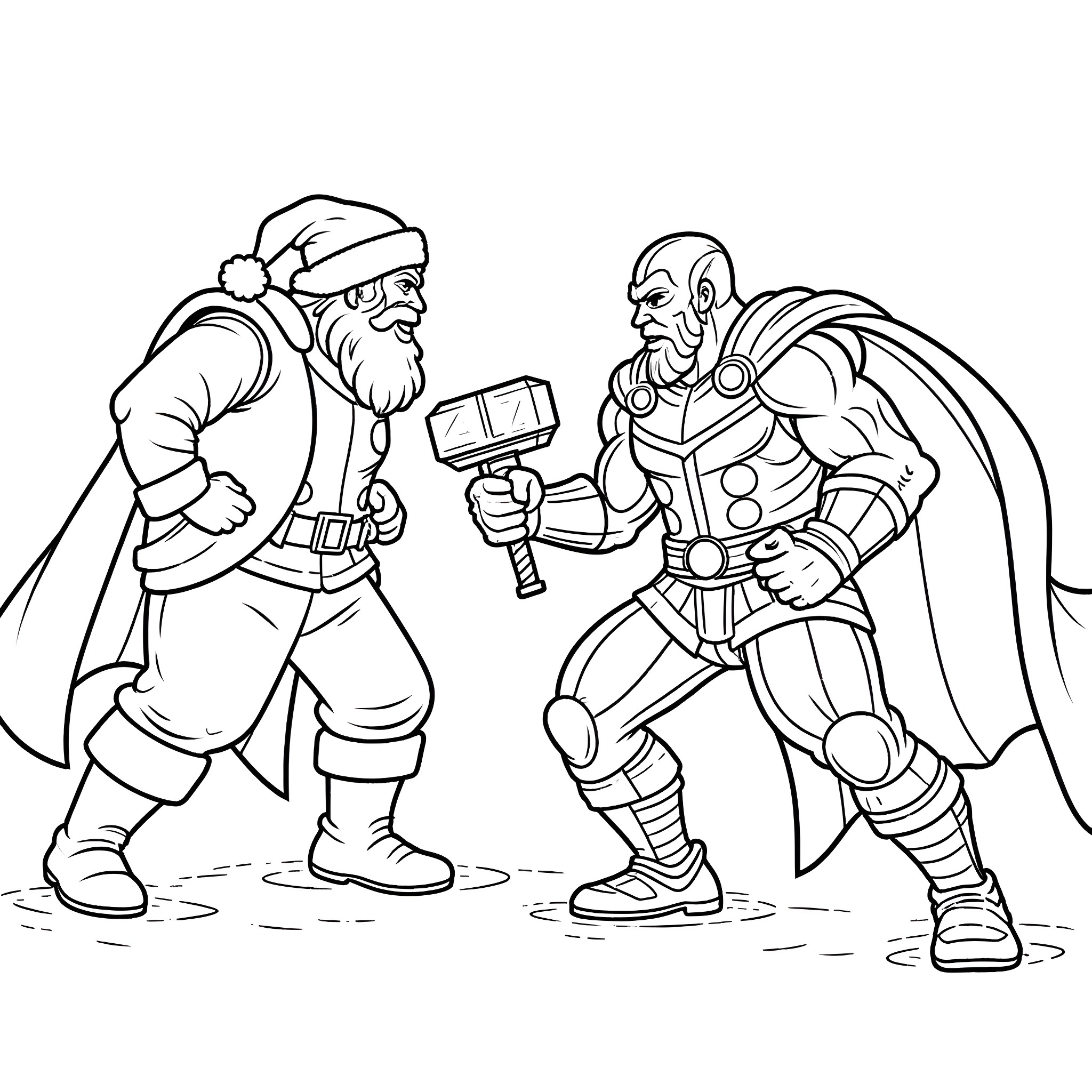 Santa Claus and a superhero confront each other Coloring Page (free black-and-white line drawing printable PDF for all, from beginners to advanced learners, including children, teens, adults, and seniors)